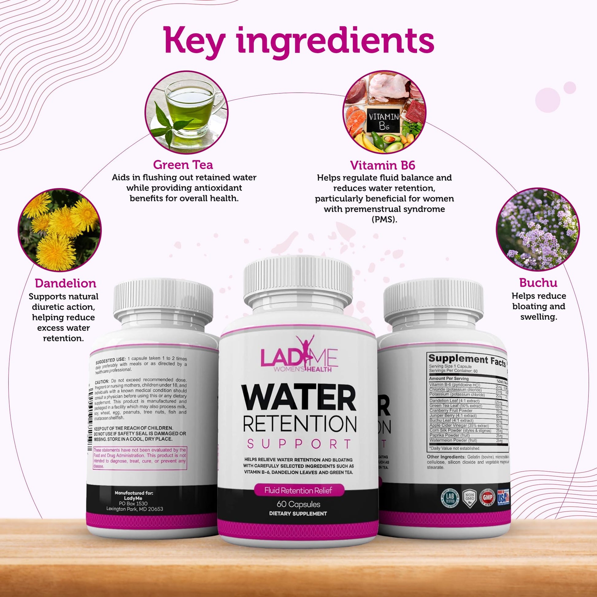 Water Retention Pills for Women Bloating Relief with Vitamin B6, Dandelion & Green Tea Natural LADYME WOMEN'S HEALTH uk supplements