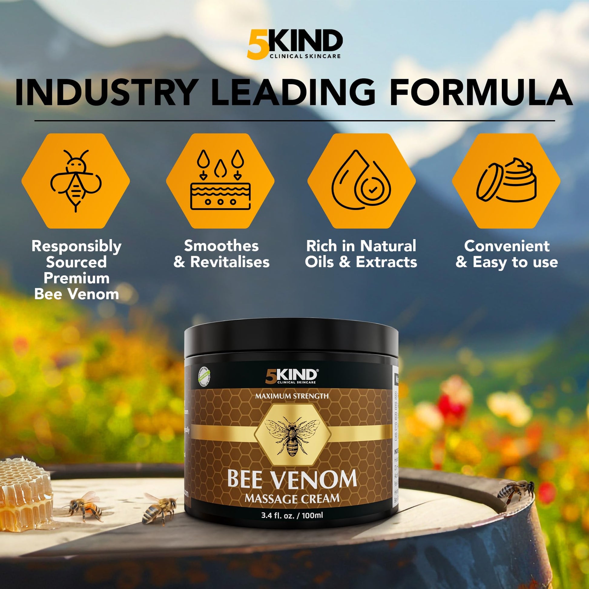 5kind Maximum Strength Bee Venom Cream - Naturally Massage Joints & Muscles, Lower Back, Knee, Neck, Shoulder, Hip & Feet - Responsibly Sourced Premium Bee Venom Cream 3.4 Fl Oz 5kind clinical skincare uk supplements