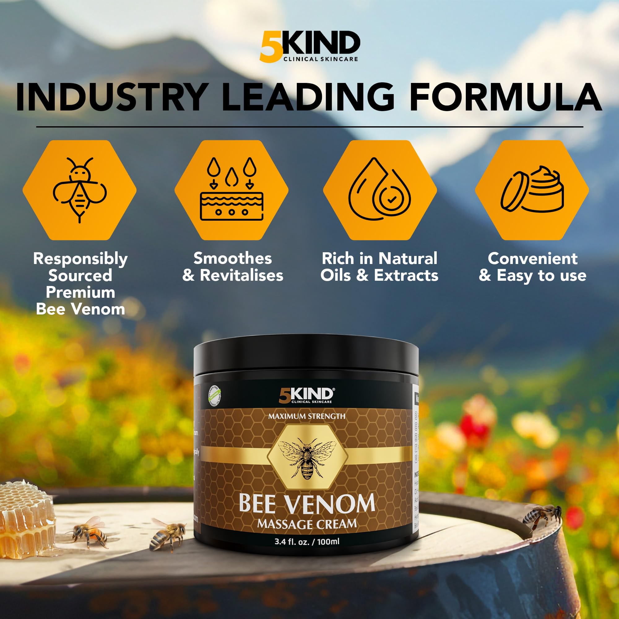 5kind Maximum Strength Bee Venom Cream - Naturally Massage Joints & Muscles, Lower Back, Knee, Neck, Shoulder, Hip & Feet - Responsibly Sourced Premium Bee Venom Cream 3.4 Fl Oz 5kind clinical skincare uk supplements