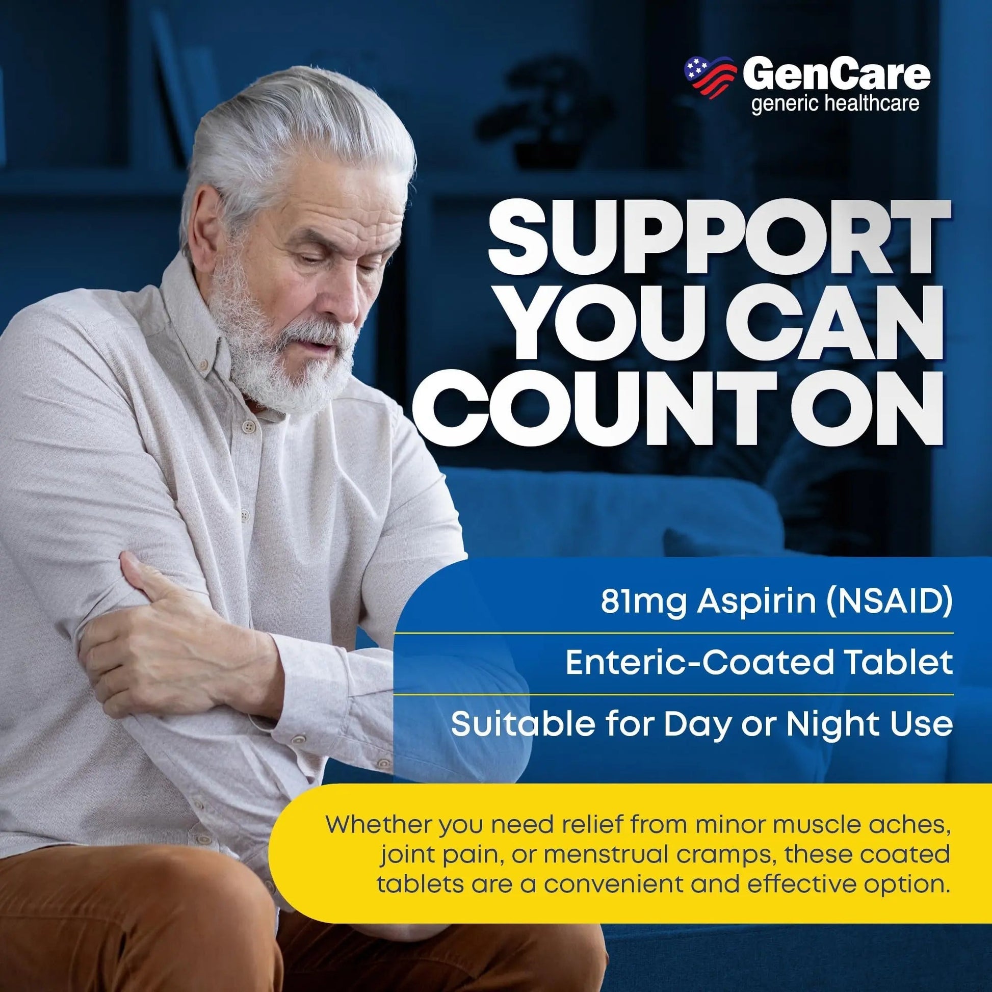 GenCare - Low Dose Aspirin 81mg for Adults Coated (NSAID) 500 Tablets | Adult Low Dose | Enteric Coated Aspirin Pills | Muscle Pain & Menstrual Pain Relief | Fever Reducer | Generic Bayer GenCare uk supplements