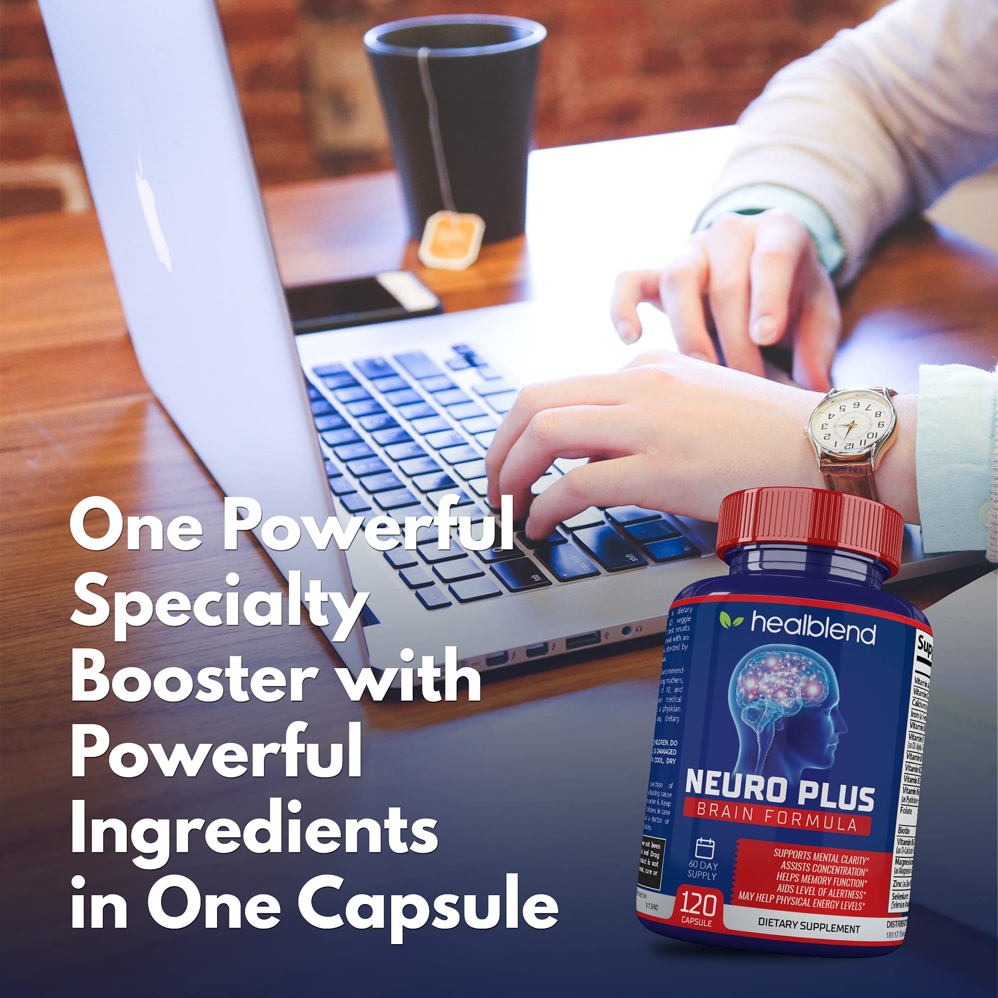 Neuro Plus Brain & Focus Formula - Nootropic Brain Booster Supplement, Supports Brain Health, Mental Clarity & Focus - Enhances Concentration & Mental Energy – 120 Capsules (1) healblend uk supplements