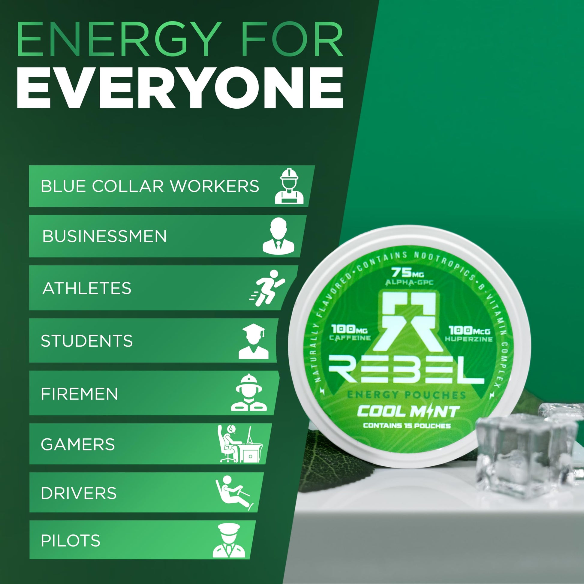 Rebel Nootropic Energy Caffeine Pouches (Cool Mint) • 100mg Caffeine • Alpha GPC • Huperzine A & Essential Vitamins • Sugar-Free • Coconut Fiber Technology • 15 Pouches Per Can (Pack of 4) Rebel Supplements uk supplements