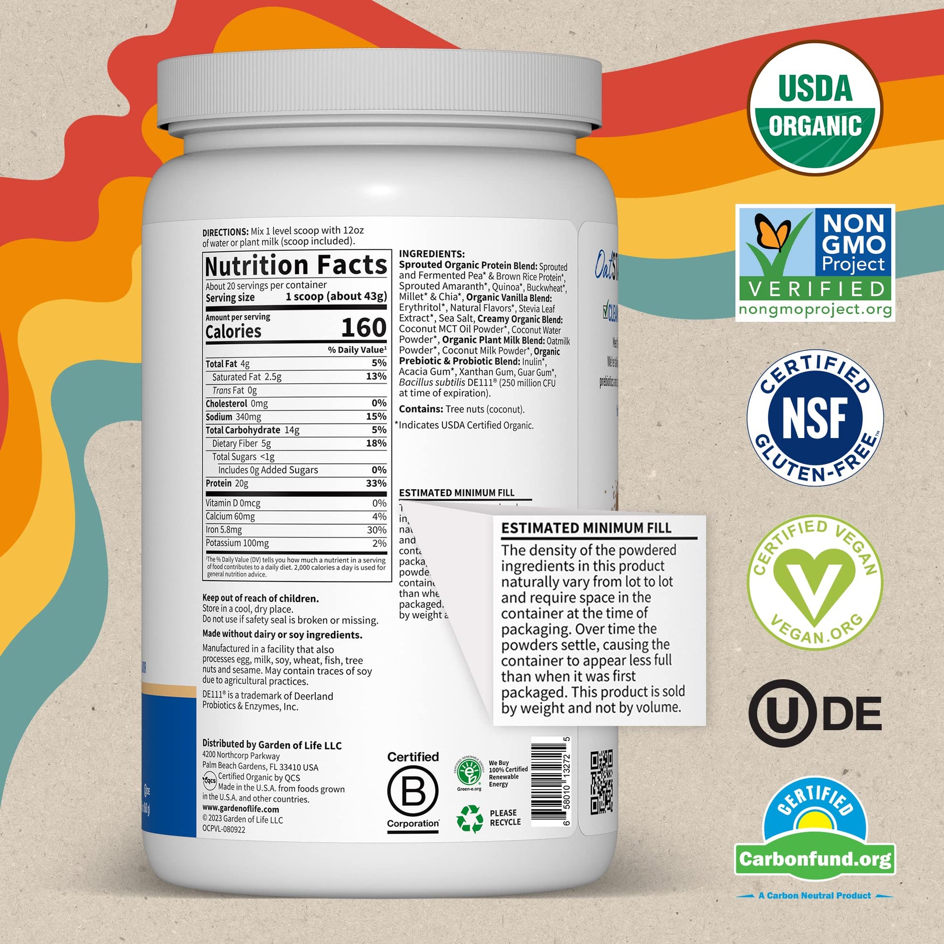 Garden of Life Creamy Vanilla Cookie Protein Powder + Oatmilk 20g Organic Vegan Plant Garden of Life uk supplements