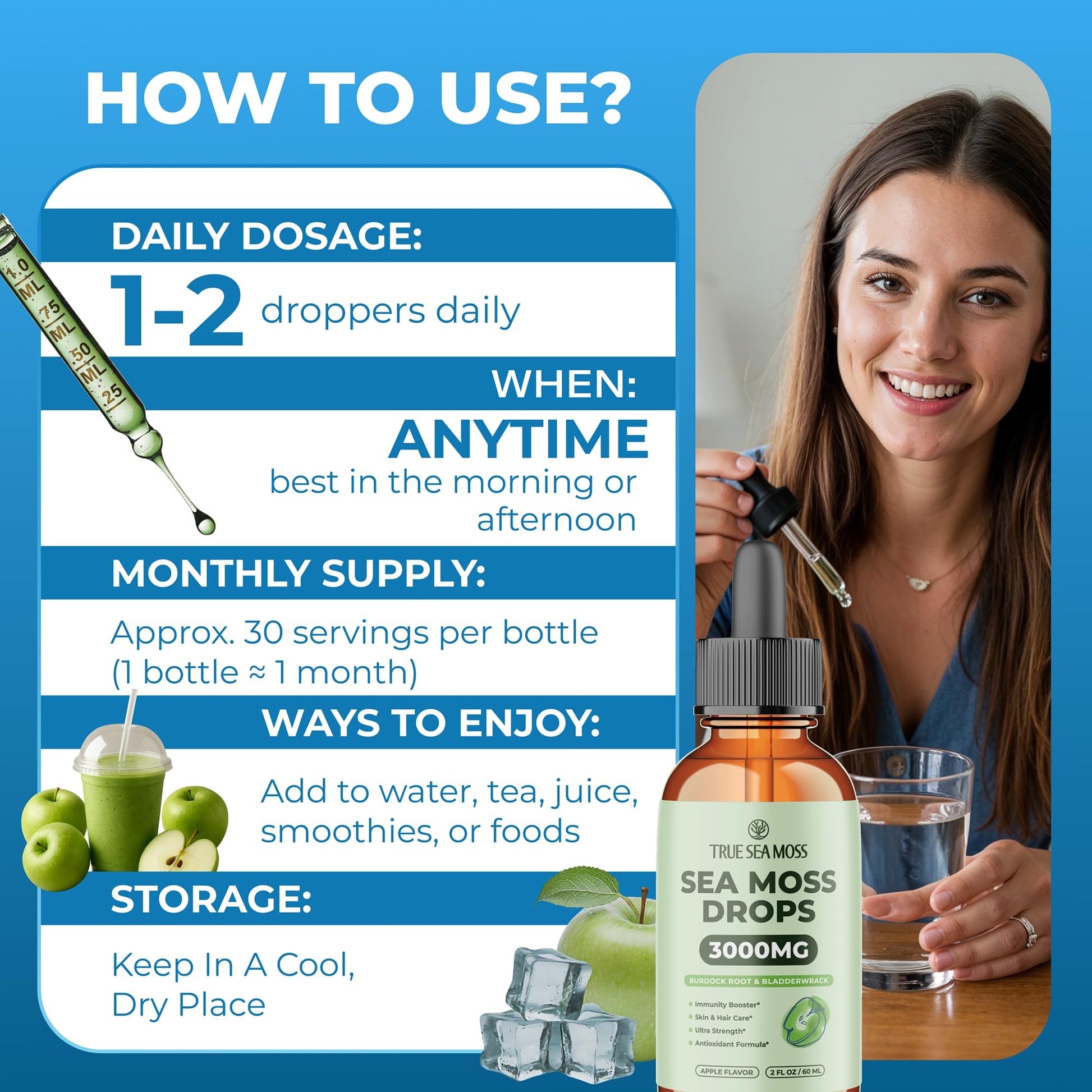 Irish Sea Moss Liquid Drops - 3000mg Formula - with Bladderwrack, Burdock Root & Black Cumin Seed - Liquid Supplement - Apple Flavor - 2 Fl Oz (60ml) TrueSeaMoss uk supplements