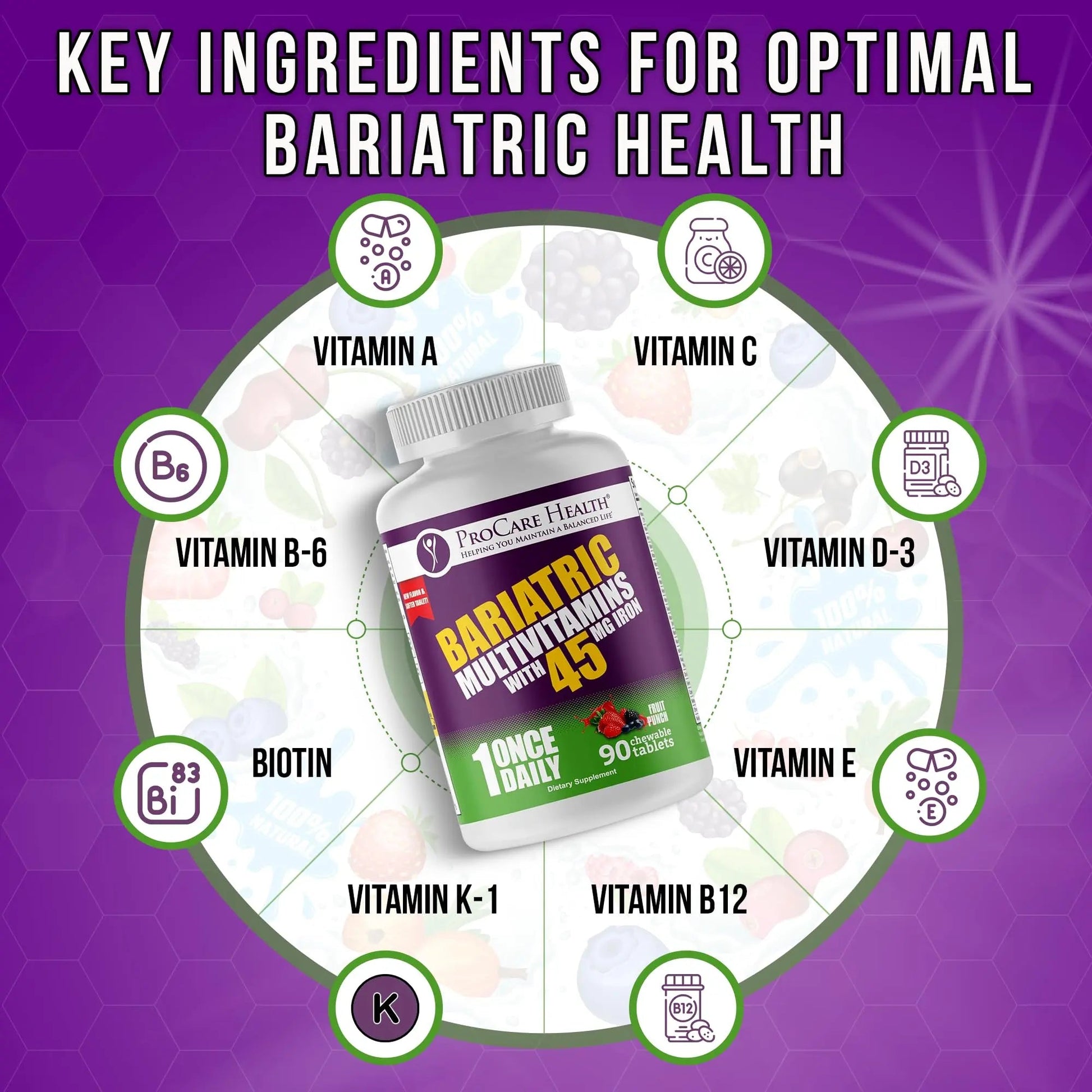 Procare Health Bariatric Multivitamin with Iron 45mg Chewable (90 Tablets) - Fruit Punch Flavor Bariatric Multivitamin Chewable Pills for Gastric Bypass ProCare Health uk supplements