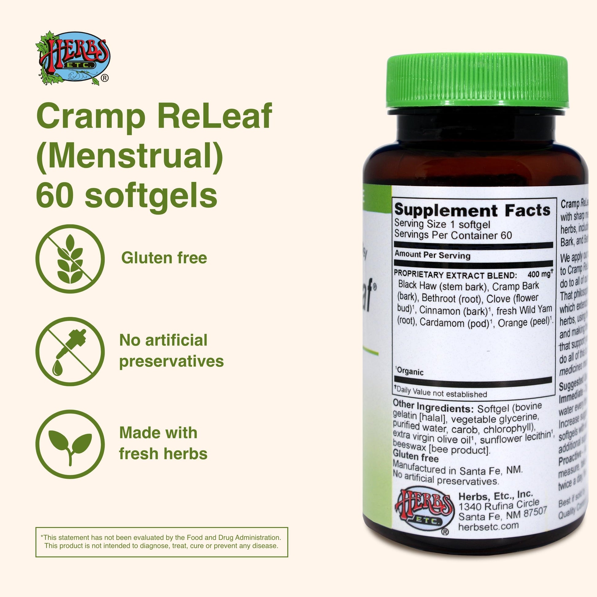 Herbs Etc. Cramp ReLeaf (Menstrual) - Abdominal Muscle Support - Herbal Supplement to Aid Menstrual Health - Period Cramp Support with Black Haw, Cramp Bark and Bethroot - 60 Softgels (60 Servings) Herbs Etc. uk supplements