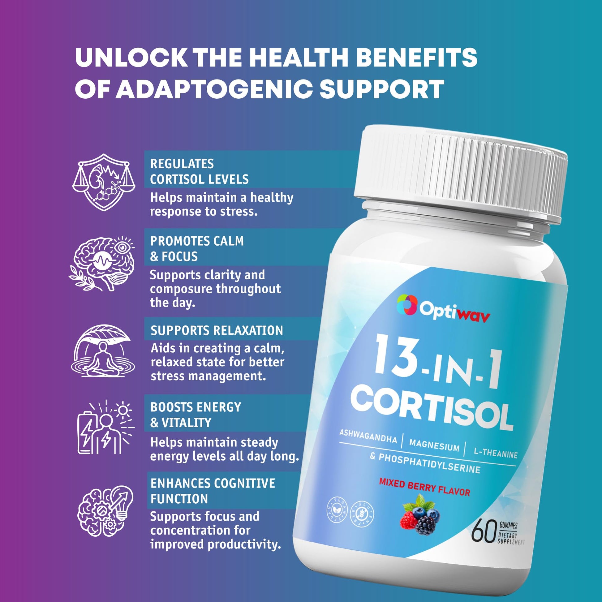 Optiwav Cortisol Reducer Gummies for Women Men - 13-in-1 Daily Cortisol Detox Manager Supports Stress Mood Balance Focus & Health Balance - Reduce High Cortisol with Ashwagandha Magnesium L-Theanine Optiwav uk supplements