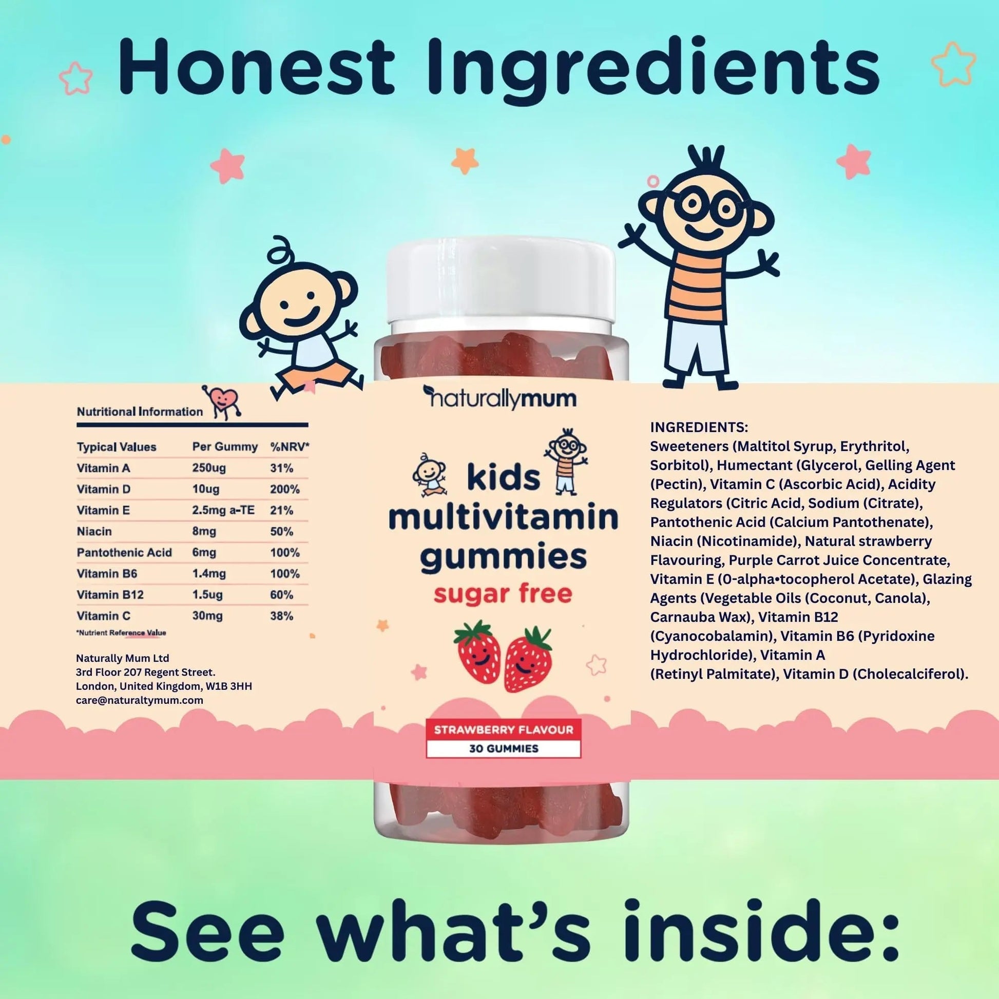 NaturallyMum Kids Multivitamin Gummies | for Children | Vegan Friendly | 30 Chewable Gummies | with Vitamins A, D, E, B6, B12, C | NaturallyMum uk supplements