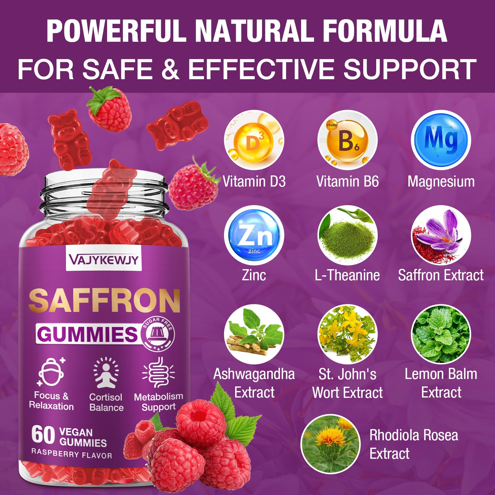 VAJYKEWJY Saffron Gummies (88.5 mg) with Magnesium — Enhanced with St. John’s Wort, Rhodiola, Ashwagandha & Vitamins B6, B12, D3 for Mood & Focus Support — 60 Count VAJYKEWJY uk supplements