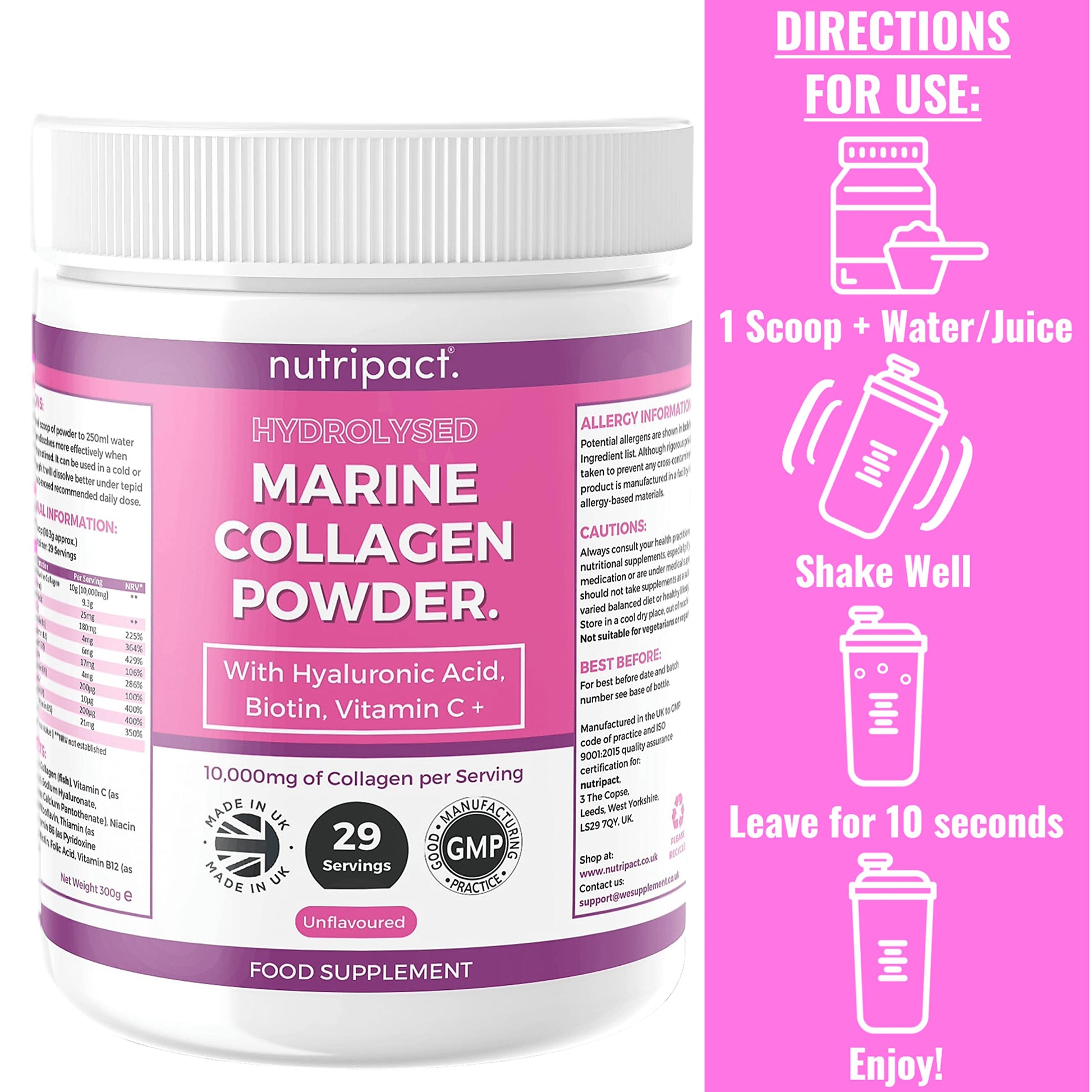 Hydrolysed Marine Collagen Peptides Powder with Hyaluronic Acid, Biotin, Vitamin C & B Vitamins – 10,000mg Collagen nutripact uk supplements