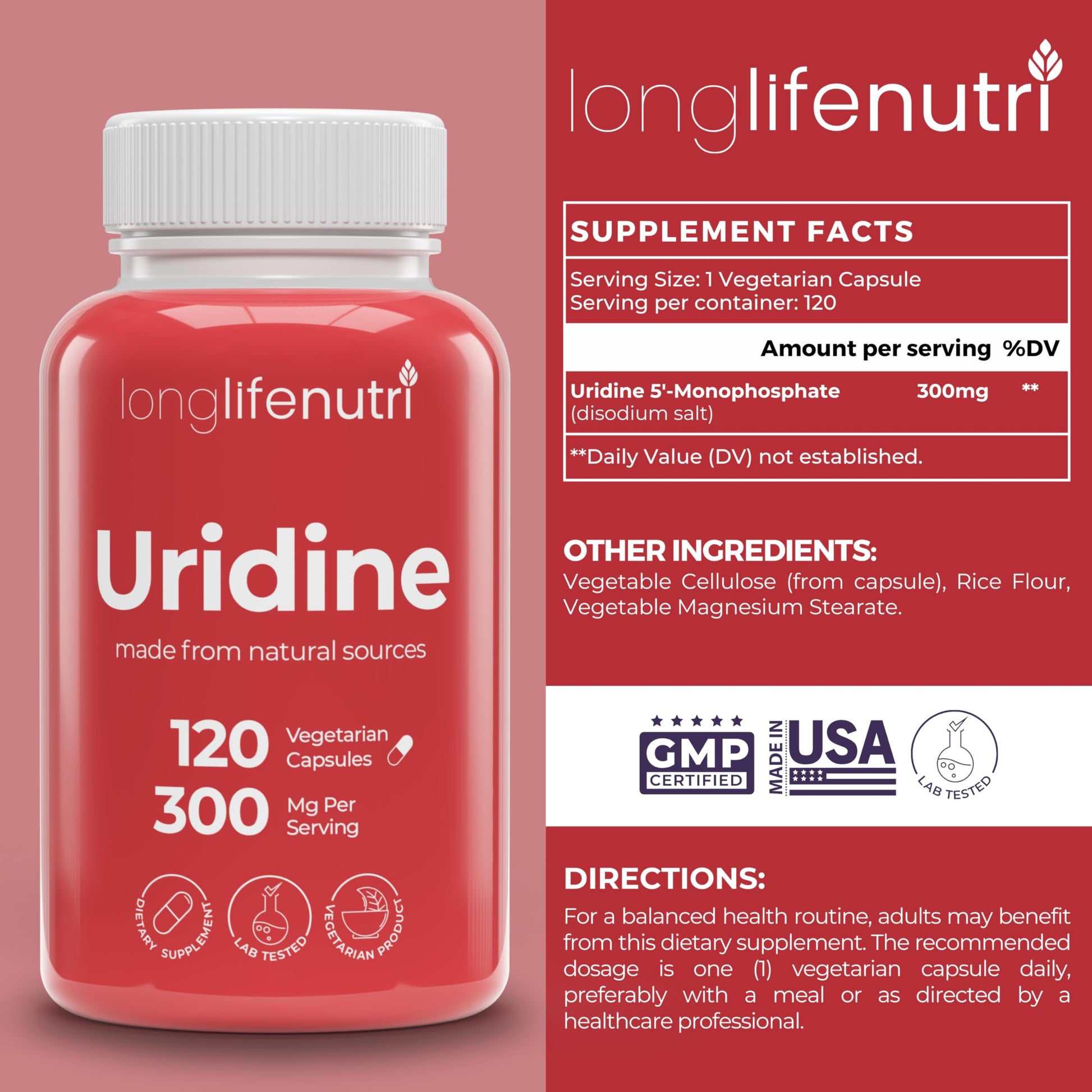 LongLifeNutri Uridine Monophosphate 300mg – Choline Precursor & Synaptic Function, Nootropic for Focus & Mental Performance, 120 Vegetarian Capsules, 4-Month Supply, GMP Certified, Made in USA LongLifeNutri uk supplements