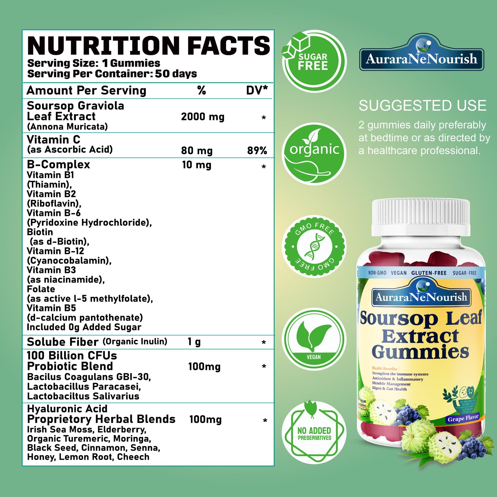 AuraraNeNourish Sugar Free Soursop Gummies with Probiotics & Fiber 100 Billion CFUs, Organic Soursop Leave Extract with Vitamin C B-Complex for Digestive Gut Health, Energy Balance, Immune Boost AuraraNeNourish uk supplements
