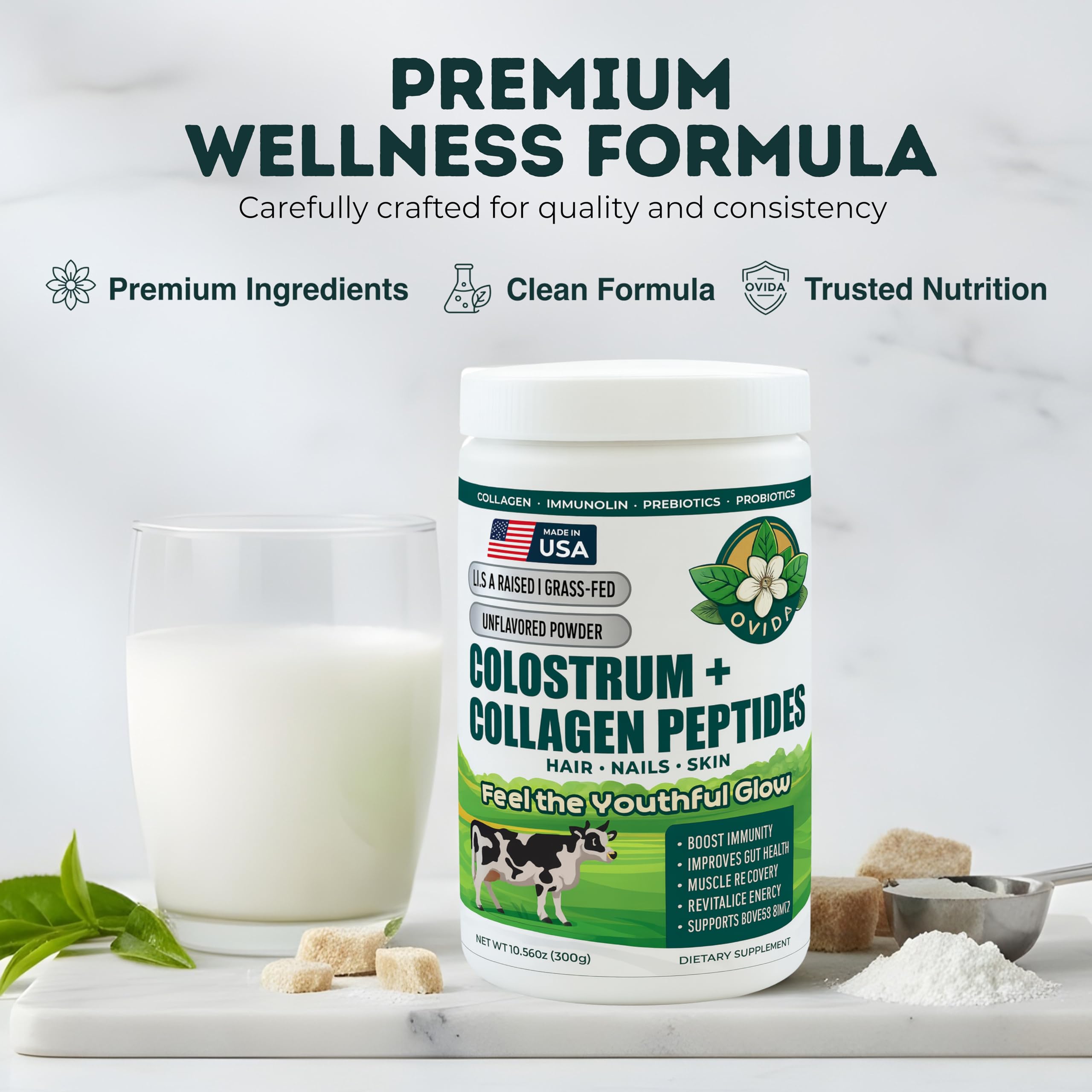 Bovine Colostrum and Hydrolyzed Collagen Peptides Powder Supplement for Women & Men - Supports Gut Health, Joint & Bone Health, Hair Skin Nails - Grass-Fed, Non-GMO, Gluten Free, 300g (30 Servings) OVIDA uk supplements