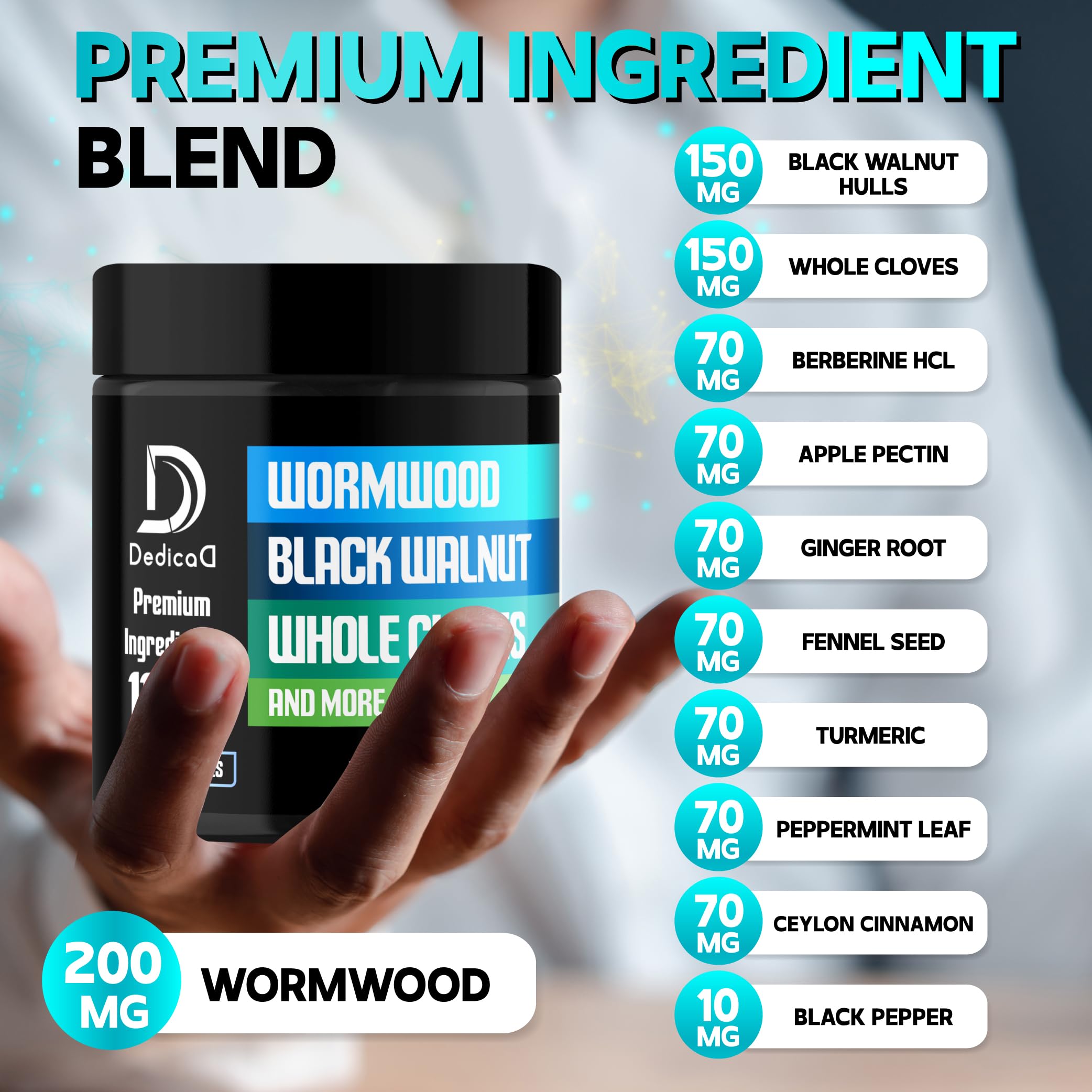DEDICAD 11in1 Wormwood Capsules - 180 Capsules Extracted from Black Walnut, Cloves, Ginger, Turmeric, Apple, Berberine HCl & More - Support Immune System for 3 Months DEDICAD uk supplements