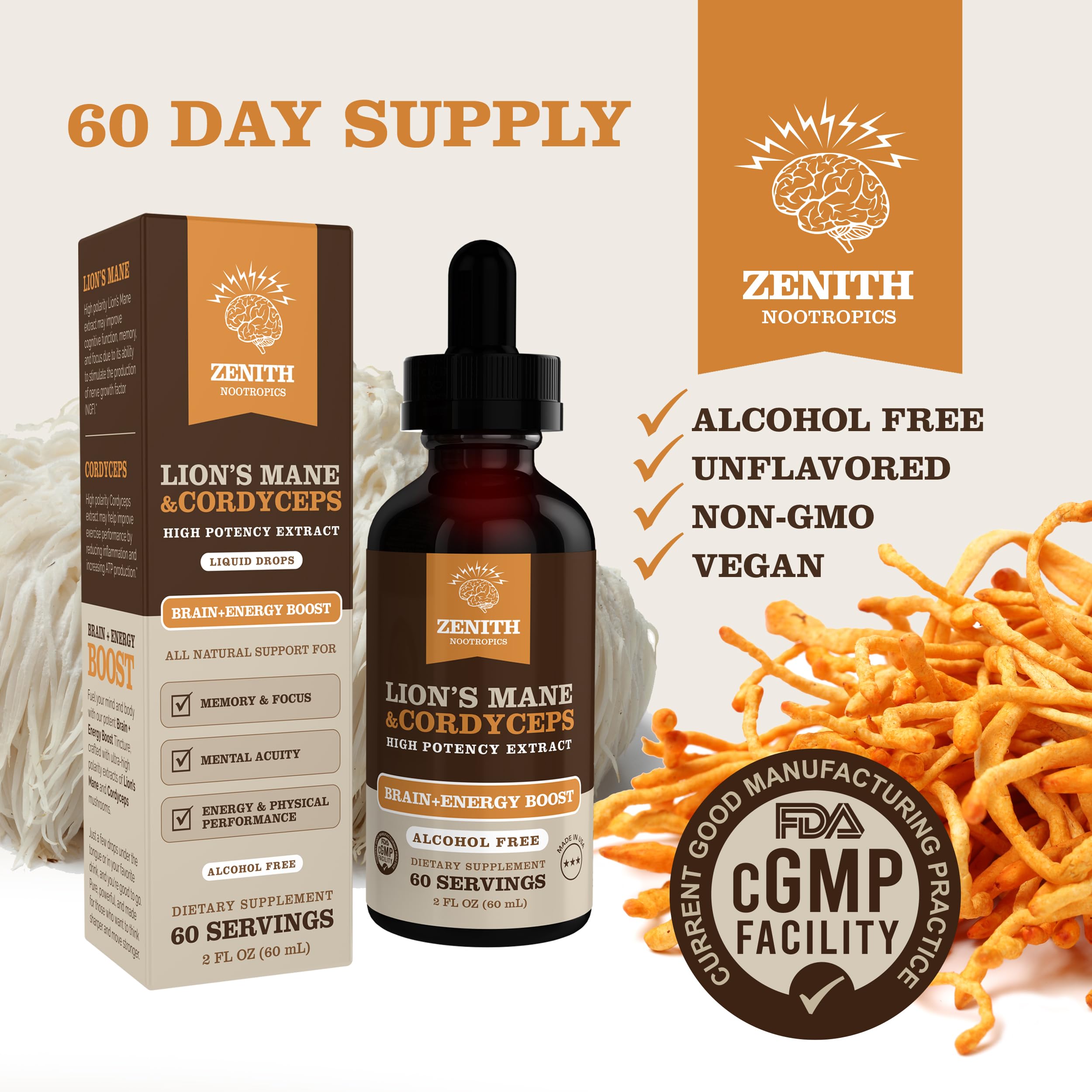 Zenith Nootropics Lion’s Mane & Cordyceps Supplement – Brain & Energy Support – Focus, Memory, Clarity, Immunity – Vegan, Alcohol-Free Tincture – Up-to 2-Month Supply, 2 fl oz Zenith Nootropics uk supplements