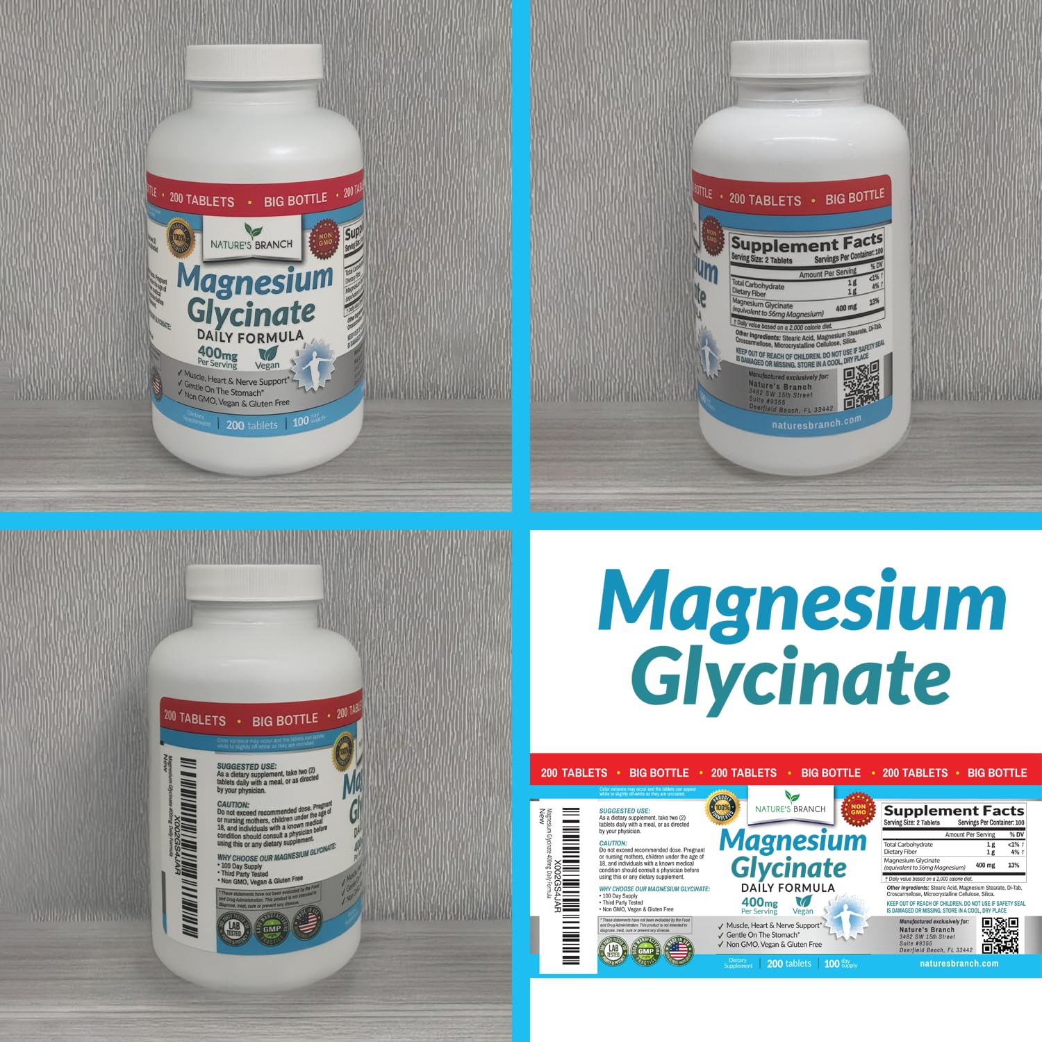 Magnesium Glycinate 400mg | 200 Tablets | High Absorption Mag Supplements for Sleep, Leg Cramps, Heart, Muscle, Calm | Non Buffered Bisglycinate, Extra Strength for Women and Men, Tablets Not Capsules NATURE'S BRANCH uk supplements