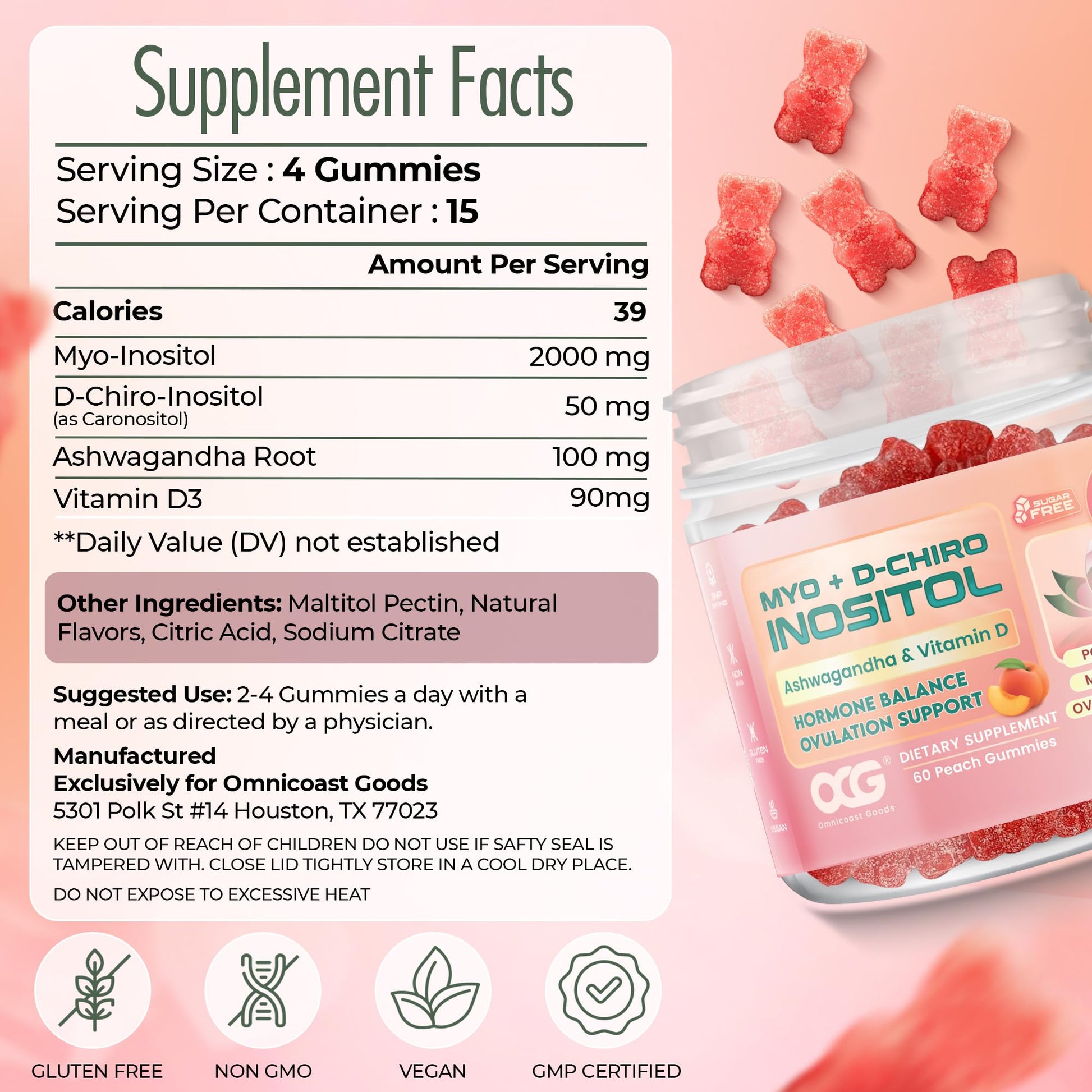 OMNICOAST GOODS, OCG Myo-Inositol & D-Chiro Inositol Gummies with Ashwagandha | PCOS Support | Ovulation & Mood Support, 40:1 Ratio Inositol for Hormone Balance, Sugar-Free, Non-GMO (60 Gummies) OMNICOAST GOODS, OCG uk supplements