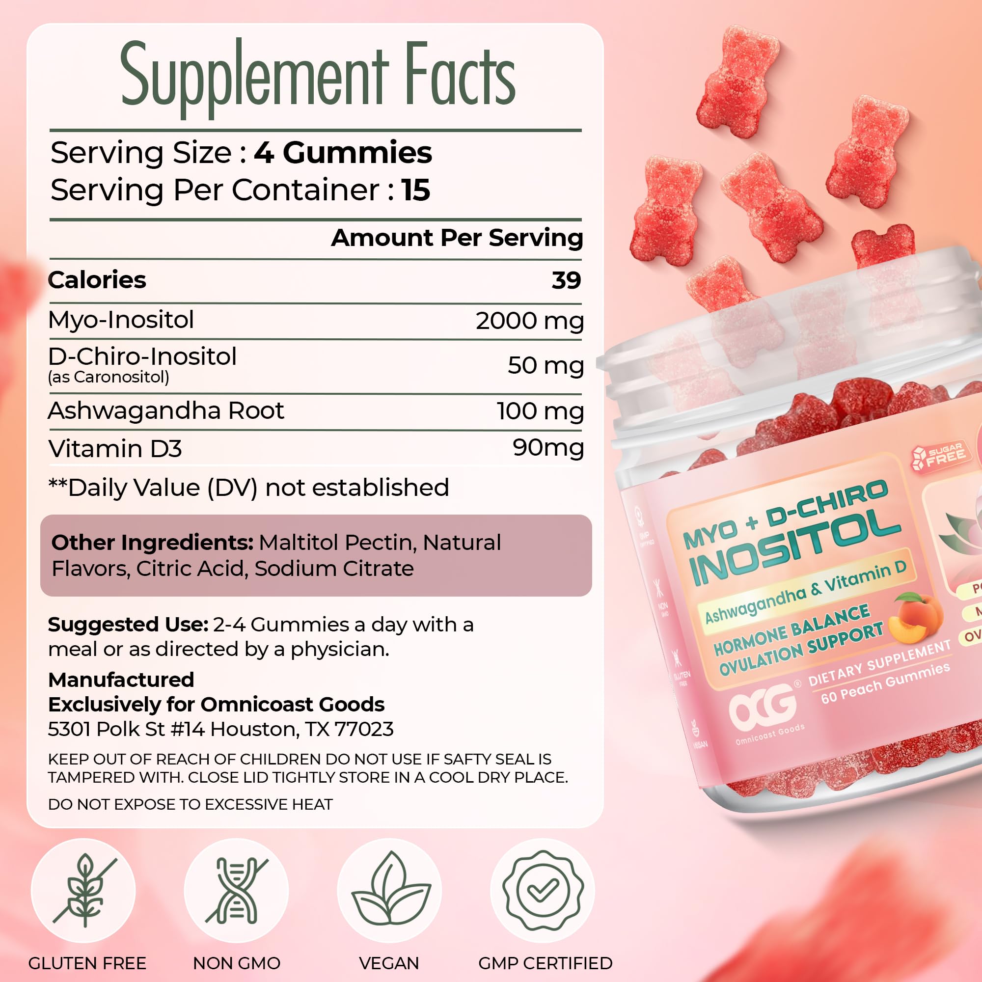 OMNICOAST GOODS, OCG Myo-Inositol & D-Chiro Inositol Gummies with Ashwagandha | PCOS Support | Ovulation & Mood Support, 40:1 Ratio Inositol for Hormone Balance, Sugar-Free, Non-GMO (60 Gummies) OMNICOAST GOODS, OCG uk supplements