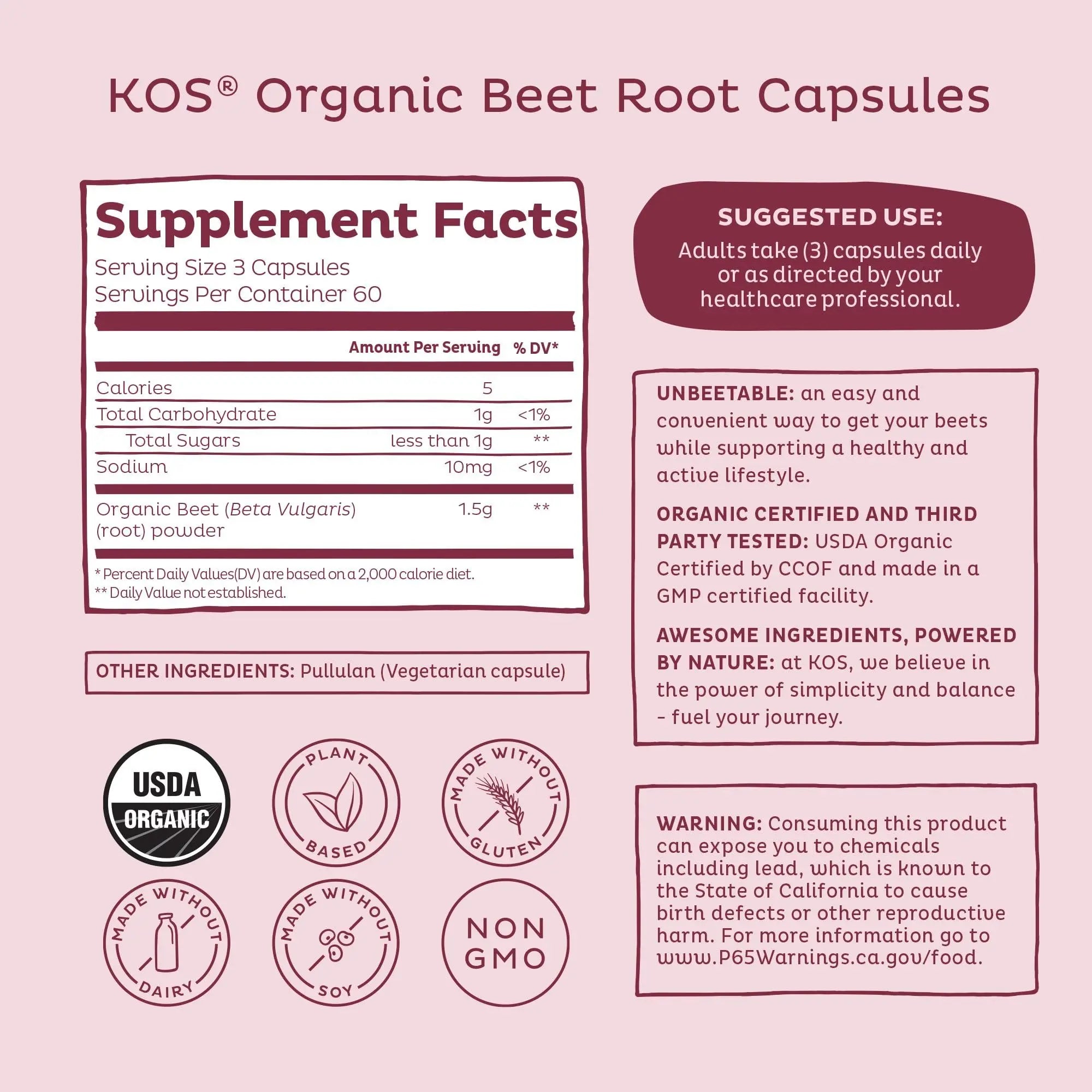 KOS Organic Beetroot Capsules 1500mg - USDA Organic, Antioxidant Power from Organic Beet Root Superfood, Supports Healthy & Active Lifestyle - Non-GMO, KOS uk supplements