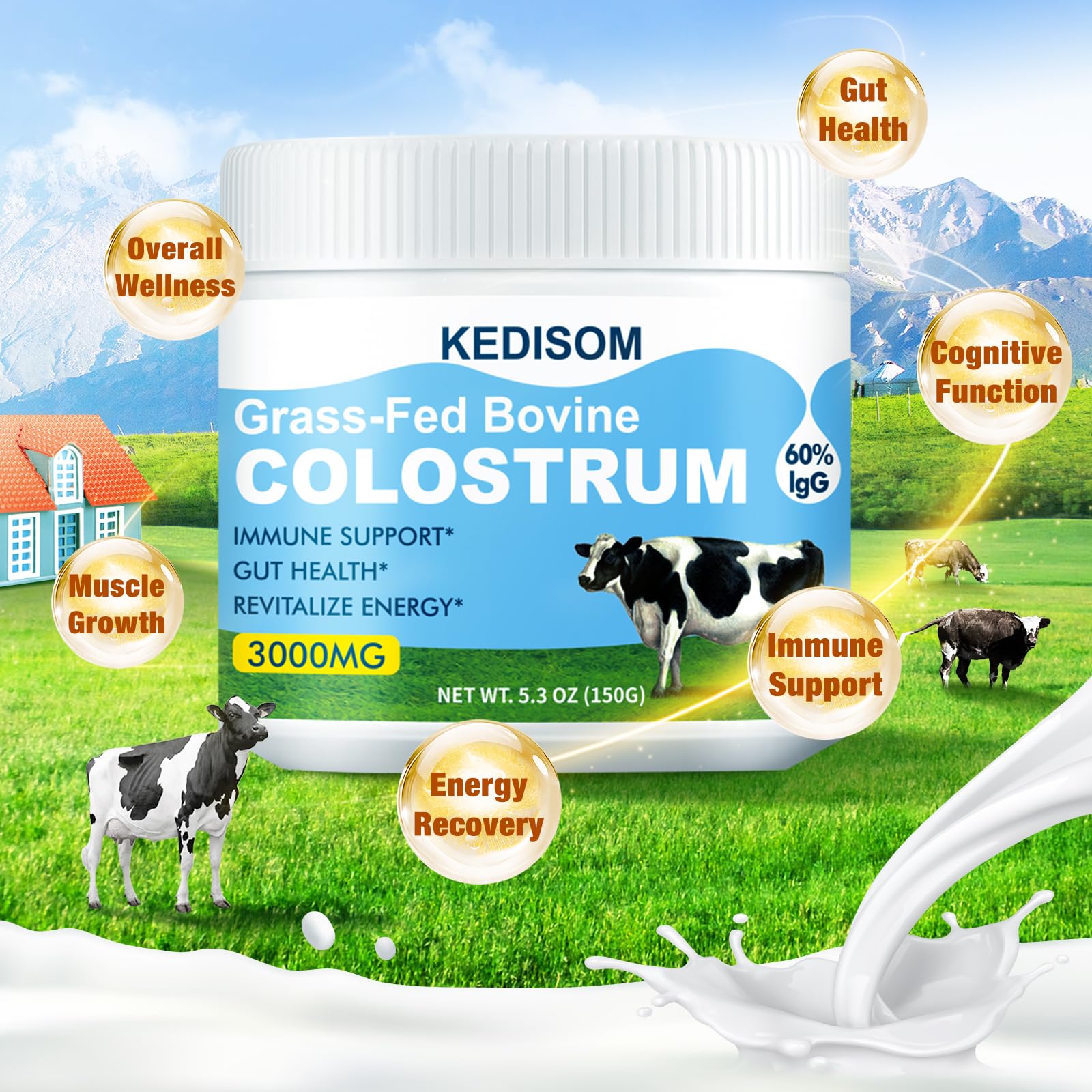 KEDISOM Grass-Fed Bovine Colostrum Supplement Powder - 60% High IgG 3000 mg for Gut Health, Immune Support - Easy to Mix Natural Liposomal Colostrum Superfood, Unflavored, 50 Servings KEDISOM uk supplements