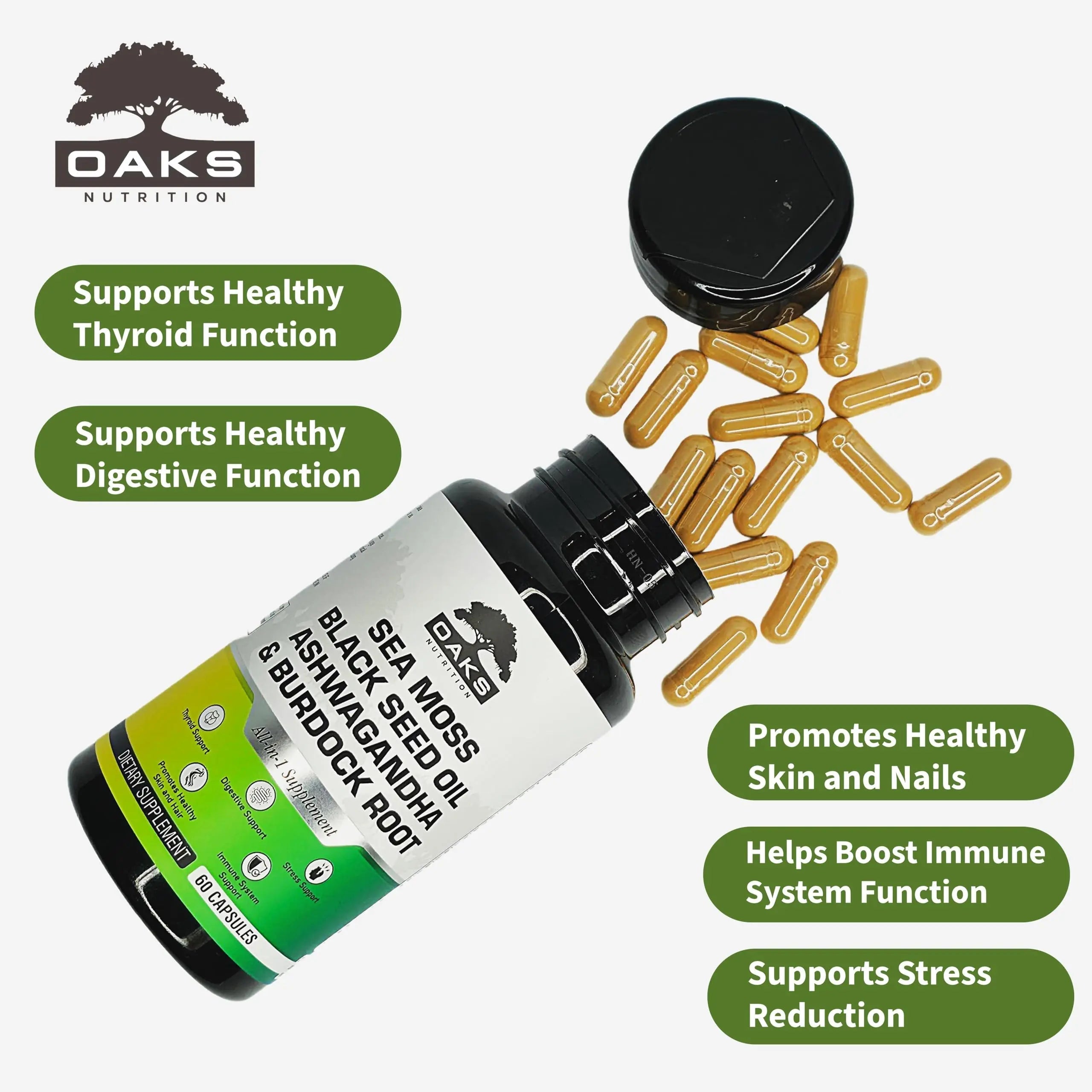 Oaks Nutrition Premium 15-in-1 Sea Moss Multivitamin with Black Seed Oil, Ashwagandha, Turmeric, Bladderwrack, Burdock, Elderberry Oaks Nutrition uk supplements