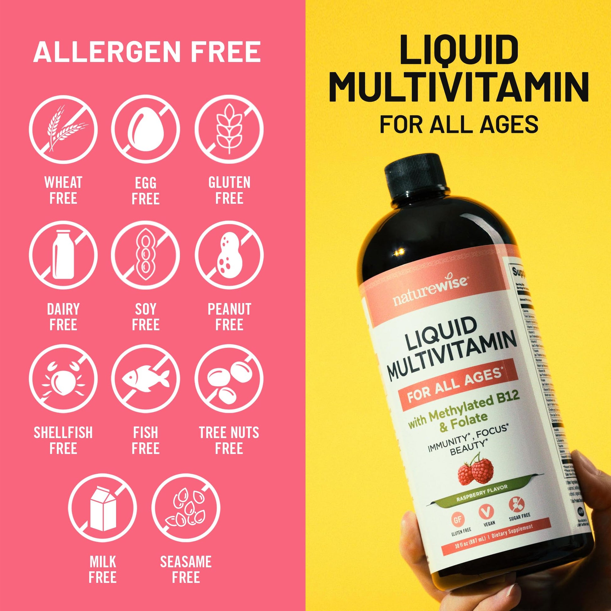 NatureWise Liquid Multivitamin for Women, Men of All Ages - Sugar Free, Vegan - Vitamins for Energy Levels, Beauty, Immune Health with Methylated B12 & Folate - Non-GMO - 30 fl oz(887 mL) NatureWise uk supplements