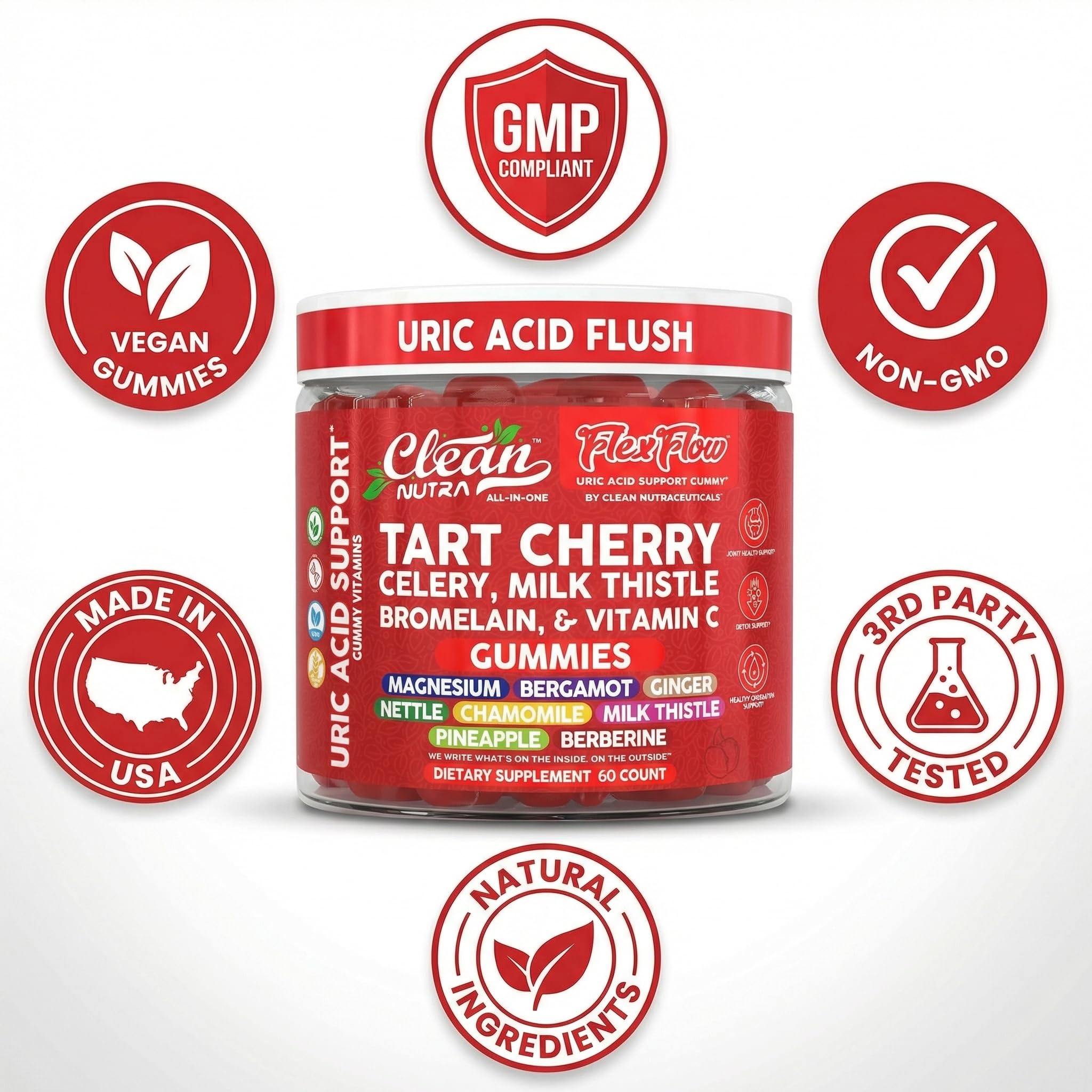 Clean Nutra Tart Cherry Gummies Uric Acid Flush Celery Milk Thistle Bromelain Vitamin C Magnesium Citrus Bergamot Ginger Stinging Nettle Leaf Chamomile Berberine Quercetin Support 60 Gummy Vitamins Clean Nutraceuticals uk supplements