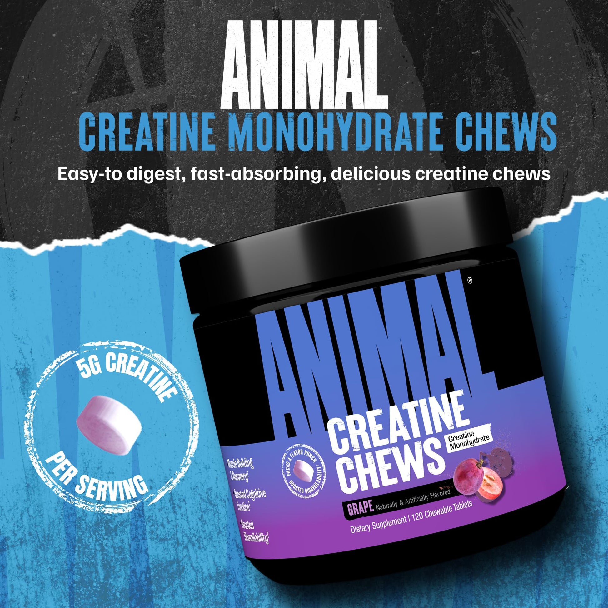 Animal Creatine Chews – 5g Creatine Monohydrate Tablets for Strength, Power & Training Recovery Support – Enhanced Absorption with AstraGin® – Convenient Chewable Format – 120 Tablets Animal uk supplements