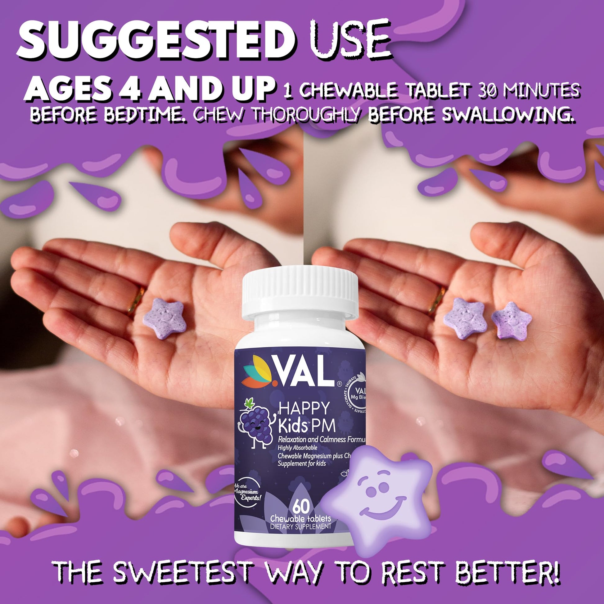 VAL Kids PM Magnesium Gummies | Sugar-Free Chewable Tablets with Chamomile, Magnesium Glycinate + Citrate + Taurate | Vitamin B6 & C | Natural Grape Flavor | Sleep & Calm Support | 60 Ct | Ages 4+ VAL uk supplements