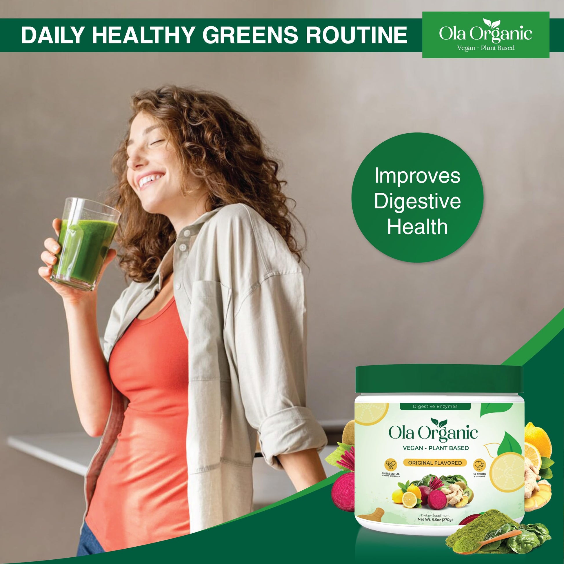 Ola Organic Greens Superfood Powder – Blend of 11 Cruciferous Vegetables with Phytonutrients – Supports Energy, & Immune Health Support – Non-GMO Vegetable Supplement (270g Jar) Ola Organic uk supplements
