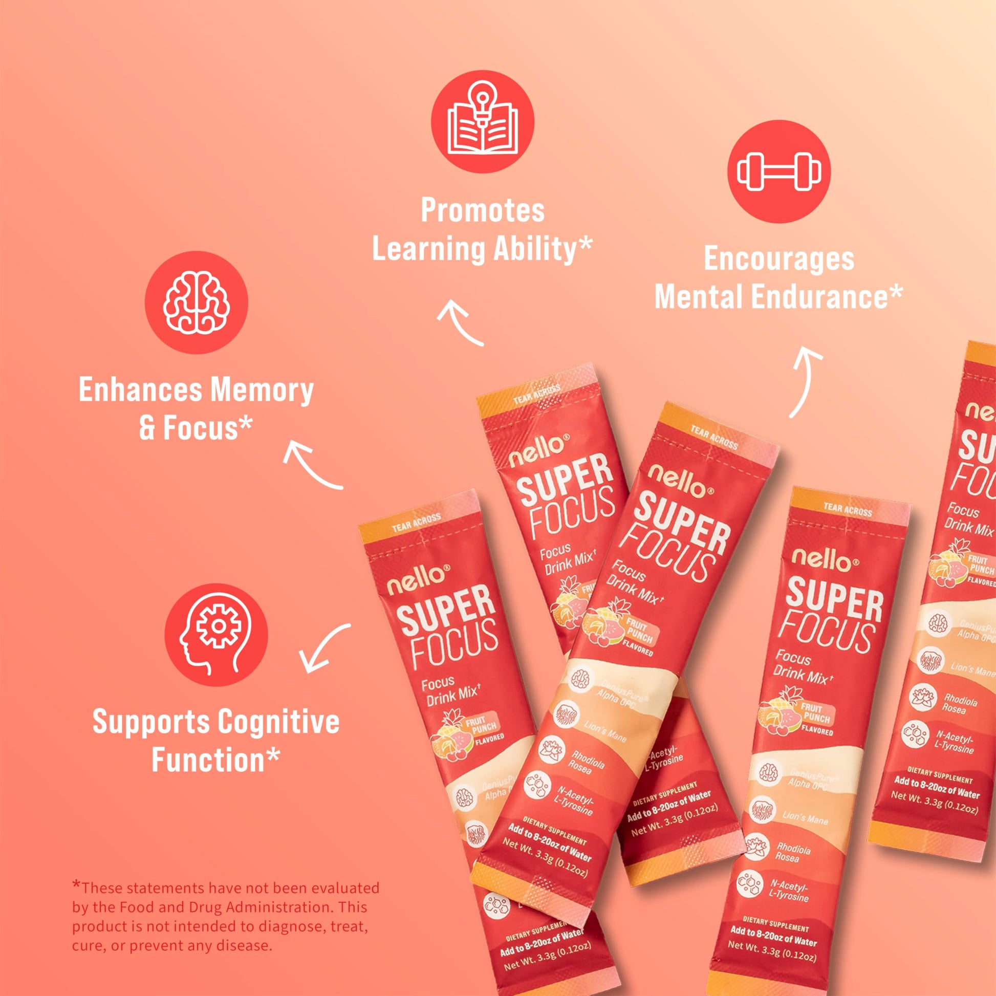 Nello Superfocus Focus Drink Mix – Fruit Punch Flavor – Alpha GPC, Lion’s Mane, Rhodiola & N-Acetyl L-Tyrosine – Sugar-Free, On-the-Go Packets – 20 Servings Nello uk supplements