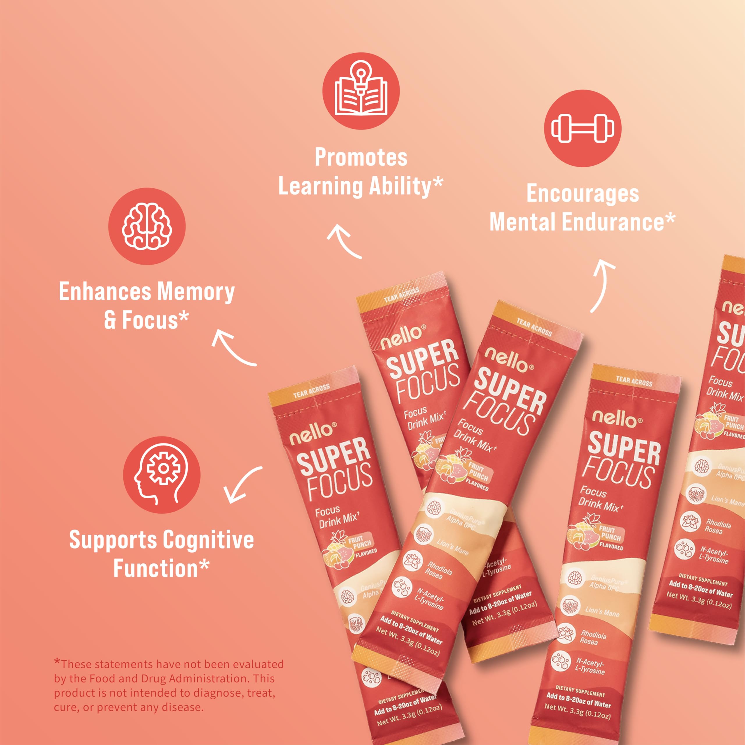 Nello Superfocus Focus Drink Mix – Fruit Punch Flavor – Alpha GPC, Lion’s Mane, Rhodiola & N-Acetyl L-Tyrosine – Sugar-Free, On-the-Go Packets – 20 Servings Nello uk supplements
