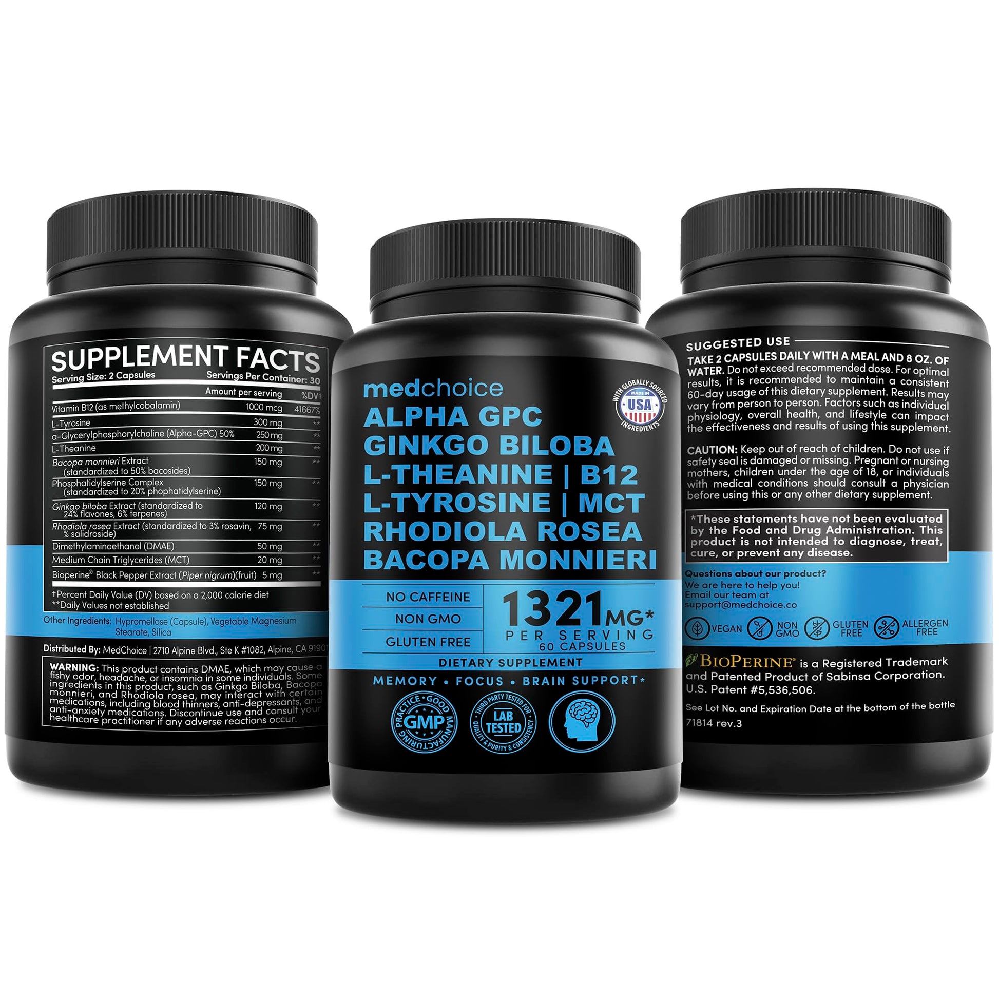 12-in-1 Nootropic Brain Supplement Anhydrous: Ginkgo Biloba for Brain Support, Memory and Focus - B12, Alpha GPC, L Theanine and Choline Supplements with Bioperine non Caffeinated 1321mg (120ct) MEDCHOICE uk supplements