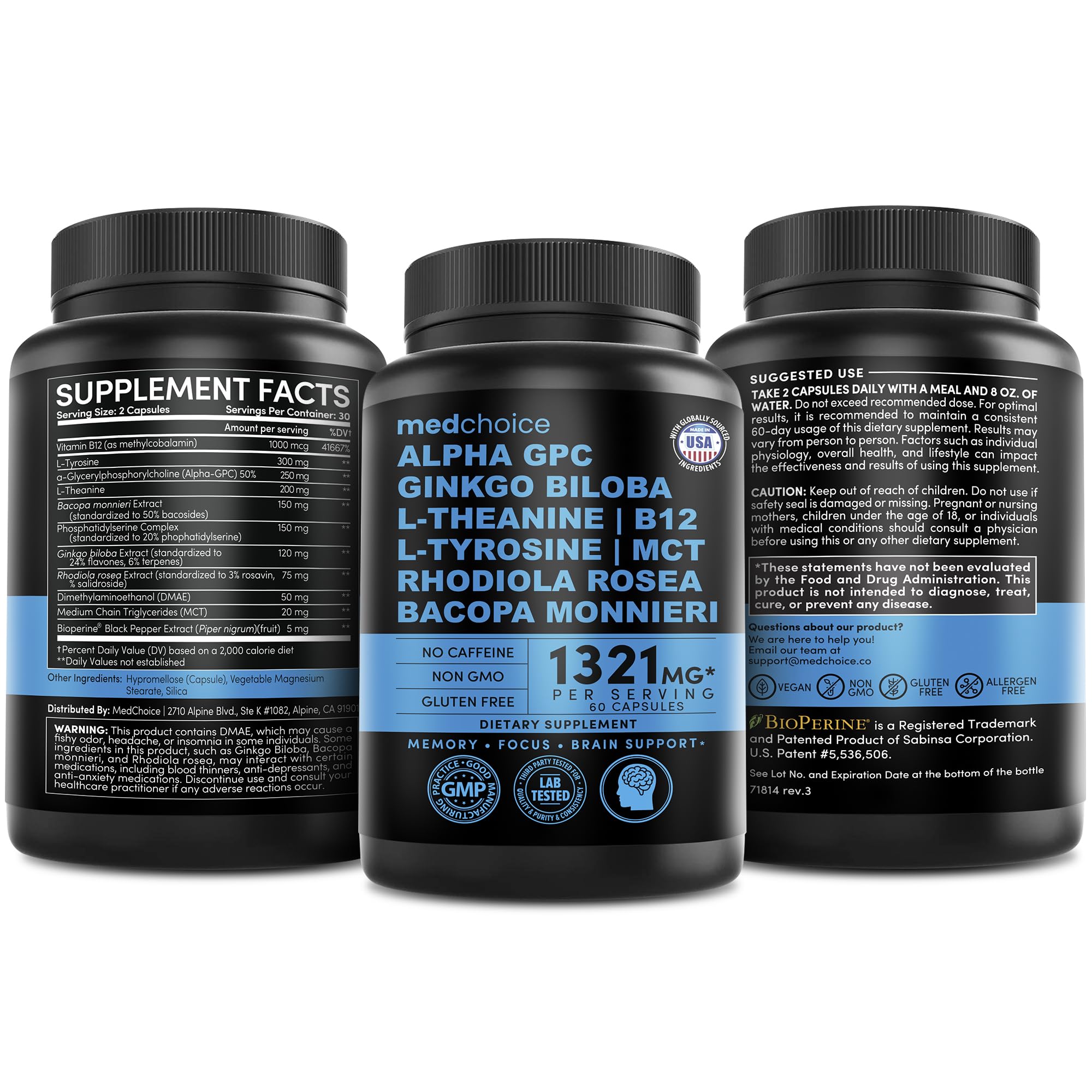 12-in-1 Nootropic Brain Supplement Anhydrous: Ginkgo Biloba for Brain Support, Memory and Focus - B12, Alpha GPC, L Theanine and Choline Supplements with Bioperine non Caffeinated 1321mg (120ct) MEDCHOICE uk supplements