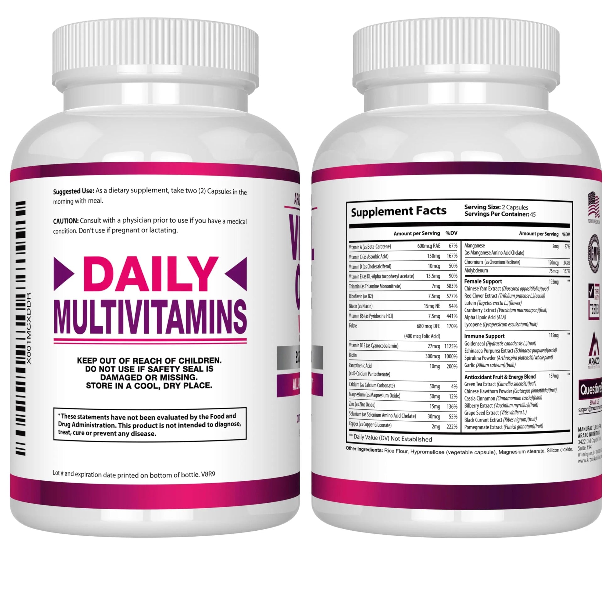 Arazo Nutrition Vital One Multivitamin for Women - Daily Wholefood Supplement - 90 Vegan Capsules Arazo Nutrition uk supplements