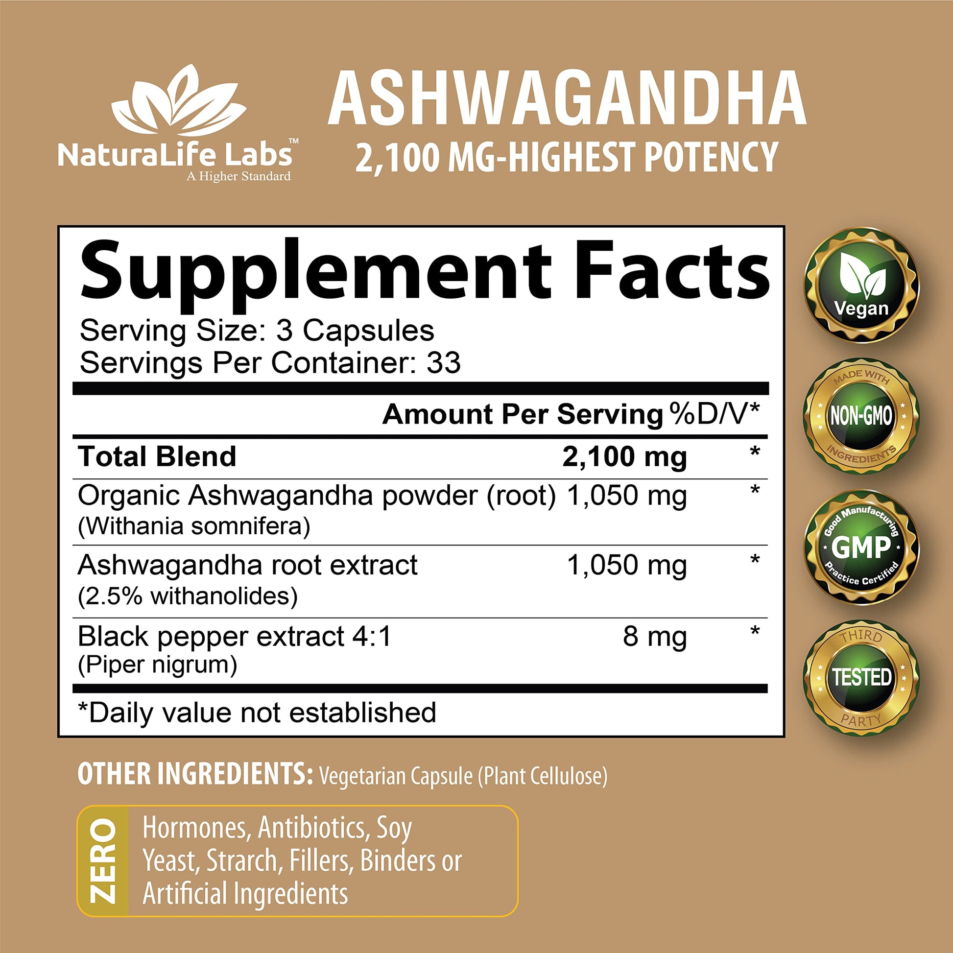 Organic Ashwagandha 2,100 mg - 100 Vegan Capsules Pure Organic Ashwagandha Powder NaturaLife Labs A Higher Standard uk supplements
