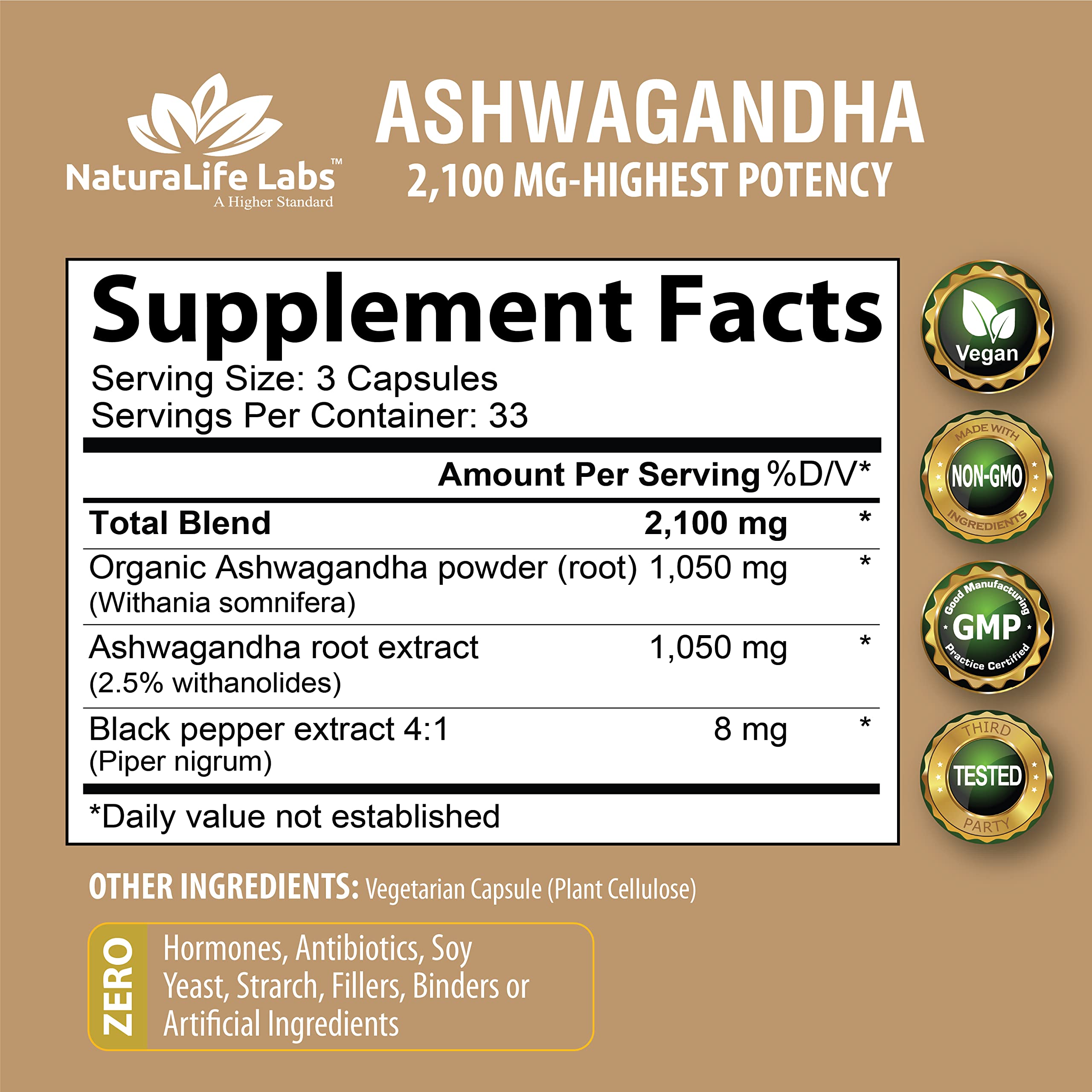 Organic Ashwagandha 2,100 mg - 100 Vegan Capsules Pure Organic Ashwagandha Powder NaturaLife Labs A Higher Standard uk supplements