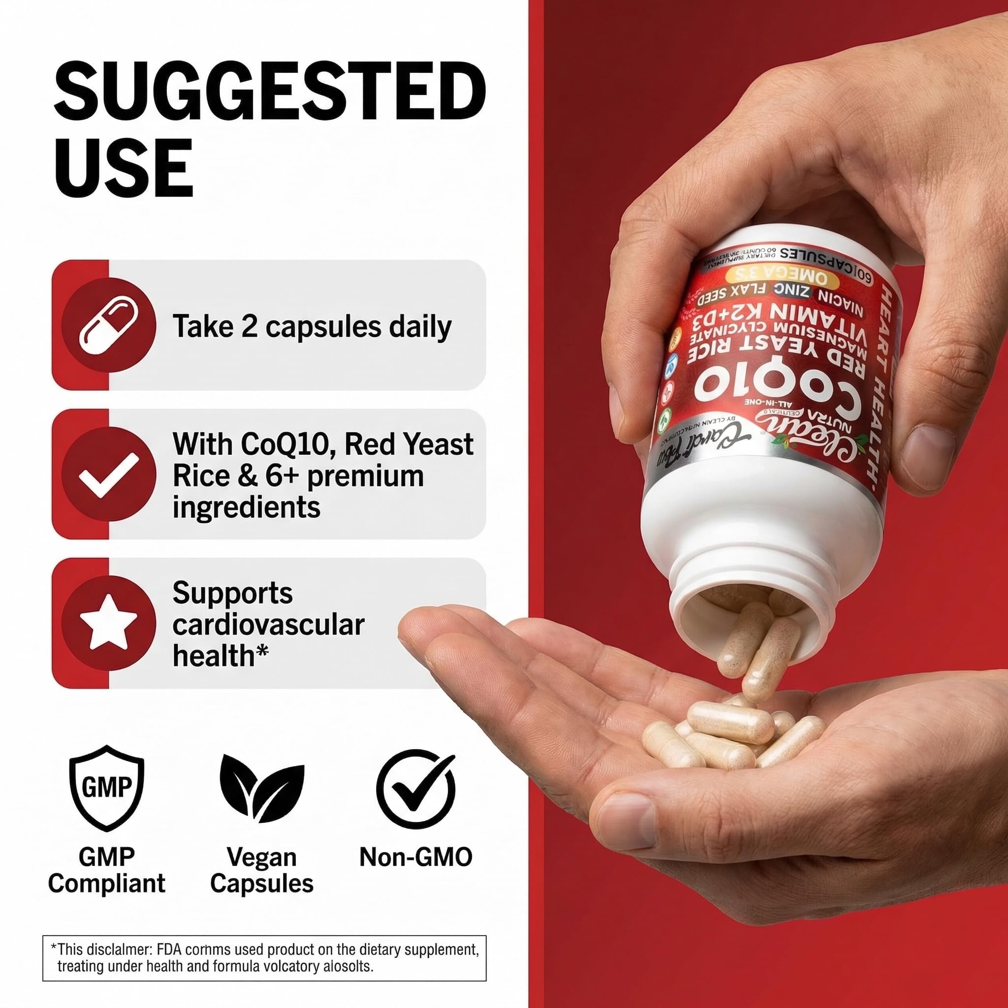 Clean Nutra CoQ10 Red Yeast Rice Magnesium Glycinate Vitamin K2 D3 Niacin Zinc Flax Seed Omega 3 Capsules 60 Count All in One Formula Premium Ingredients Dietary Supplement Clean Nutraceuticals uk supplements