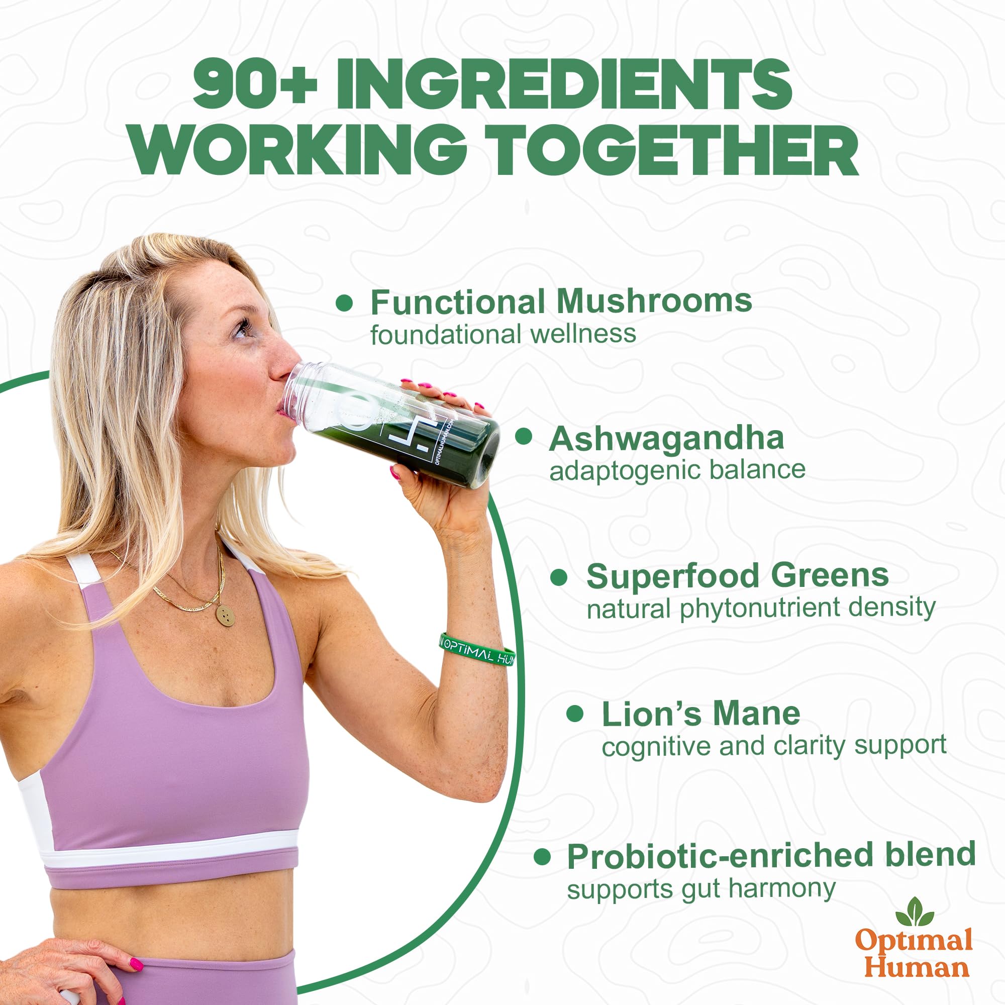 Optimal Human Superfood Greens Powder – 90+ Ingredient Blend with Lion’s Mane Supplement, Ashwagandha & Turmeric – Non-GMO, Soy-Free, Mushroom Supplements for Women – 20 Sachets O H uk supplements