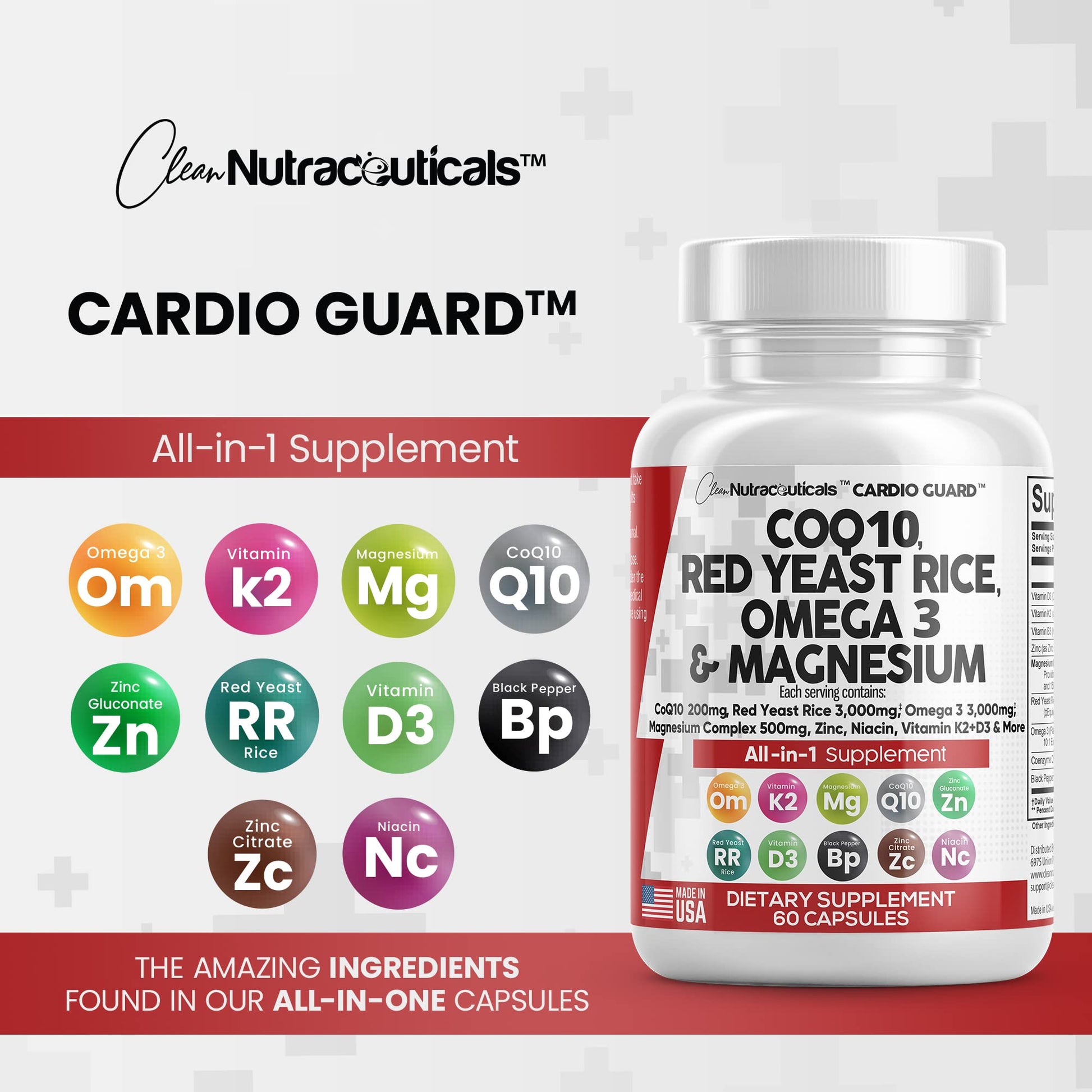 COQ10 200mg Red Yeast Rice 3000mg Omega 3 3000mg Magnesium Clean Nutraceuticals uk supplements
