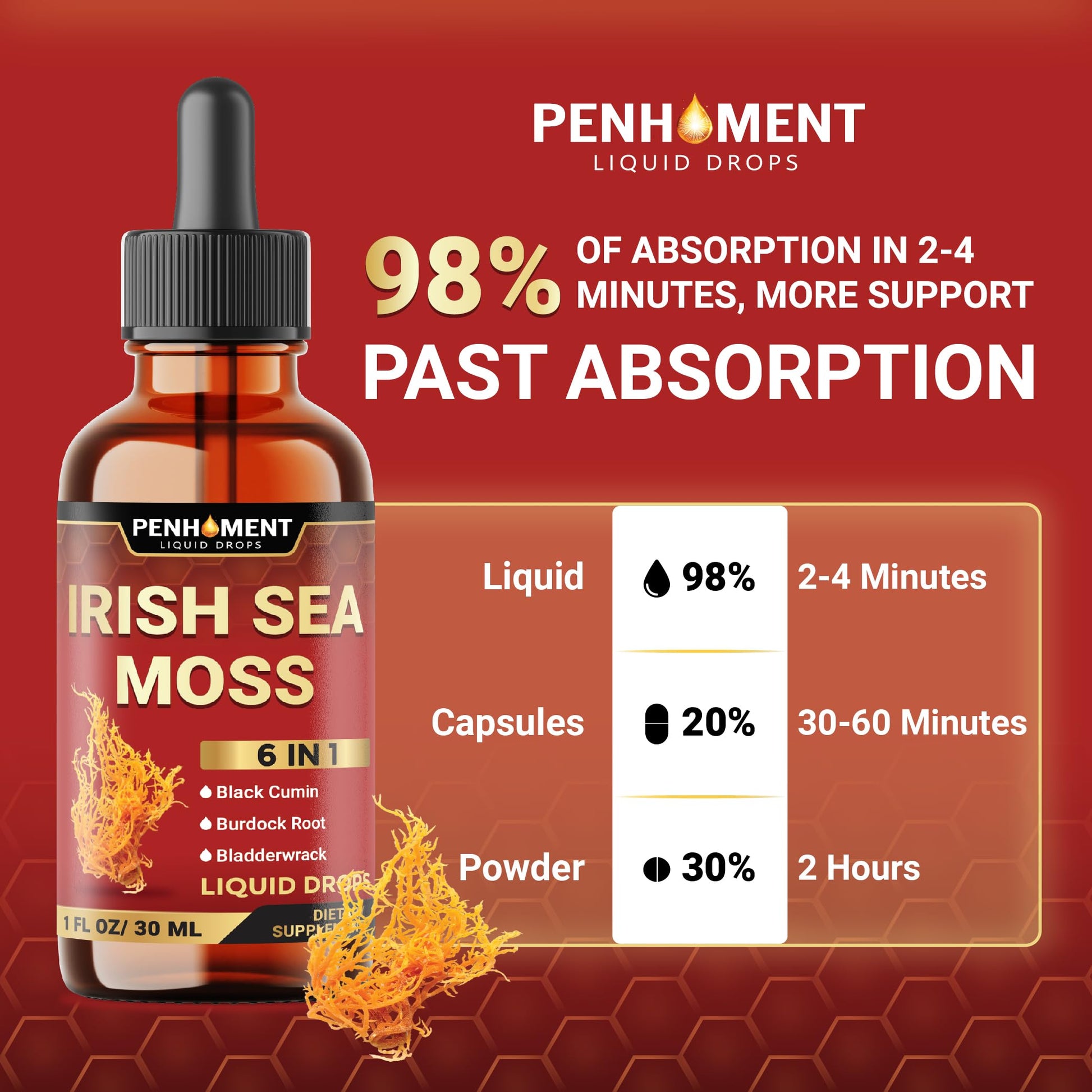 Penhoment 6in1 Sea Moss Drops with Black Seed Oil Irish Seamoss, Ashwagandha, Burdock Root & Bladderwrack - 1FL Oz - 30 Day Supply Penhoment uk supplements