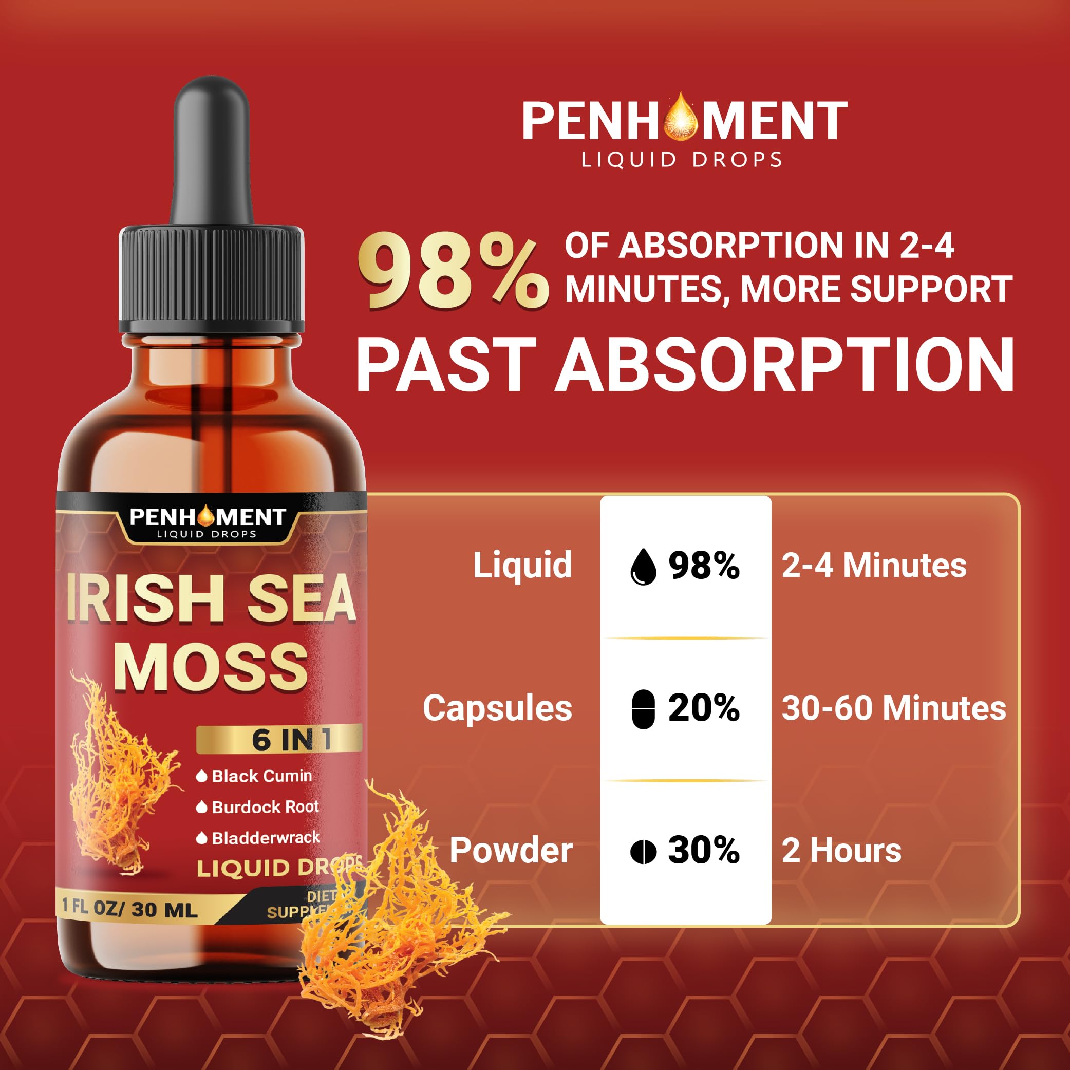 Penhoment 6in1 Sea Moss Drops with Black Seed Oil Irish Seamoss, Ashwagandha, Burdock Root & Bladderwrack - 1FL Oz - 30 Day Supply Penhoment uk supplements
