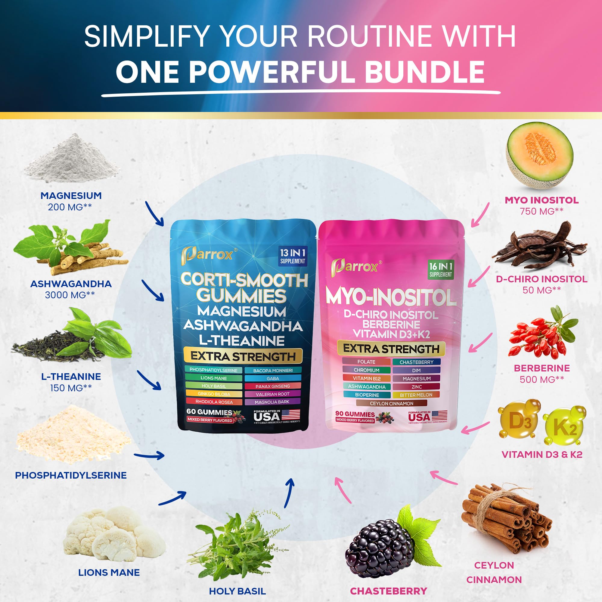 Soothe & Smooth Bundle Gummies - Cortisol & Myo-Inositol Supplement with D-Chiro Inositol, Berberine, Magenesium, Ashwagandha, L-Theanine, Vitamins D3+K2 & B12, Folate, Zinc Lion's Mane (150 Gummies) Parrox uk supplements
