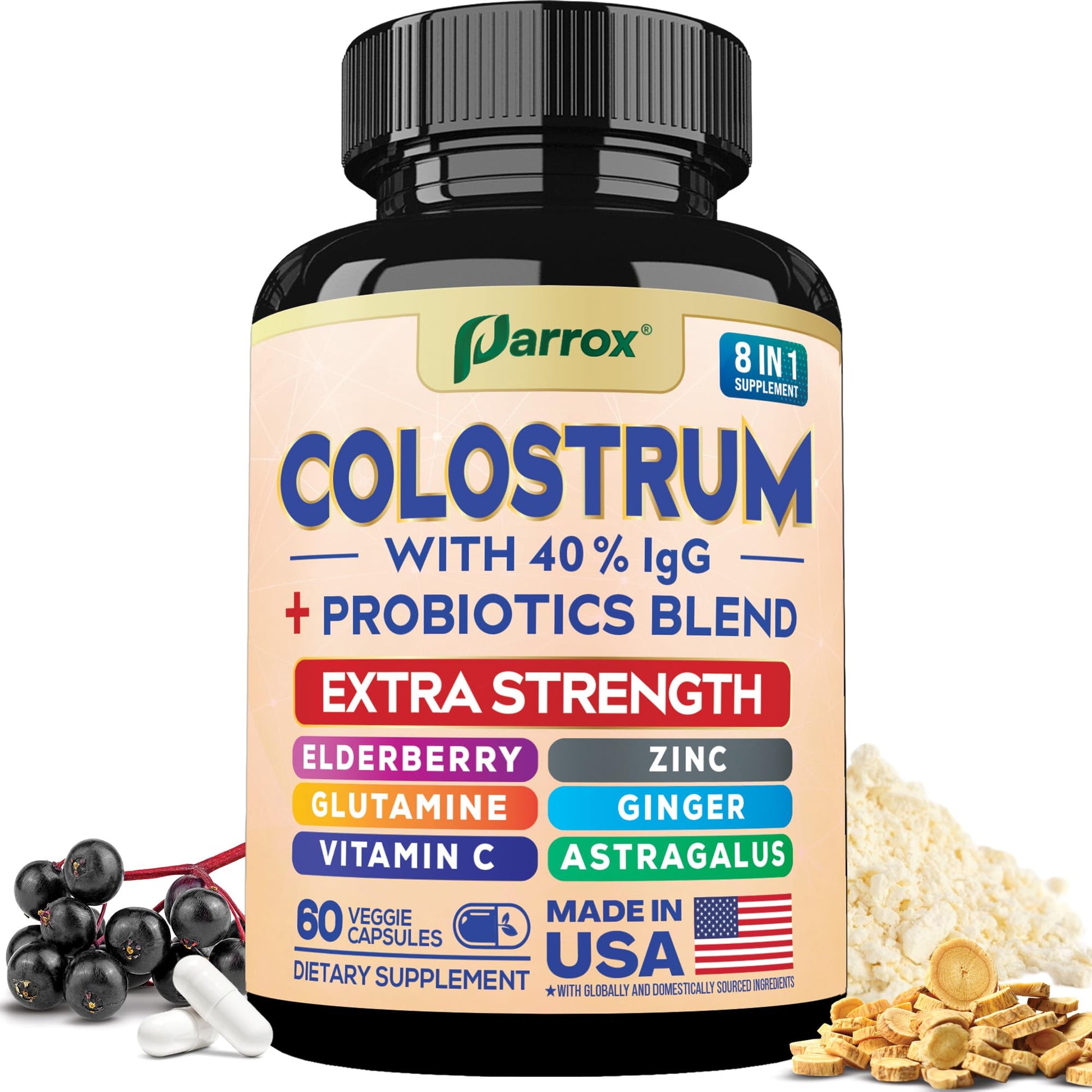 Parrox Colostrum Supplement Capsules, Grass Fed Cow Colostrum with 40% IgG, Probiotics Blend, Elderberry, Astragalus, Zinc, Ginger, Vitamin C, L-Glutamine, 8 in 1 Extra Strength Bovine Boost (60 Caps) Parrox uk supplements
