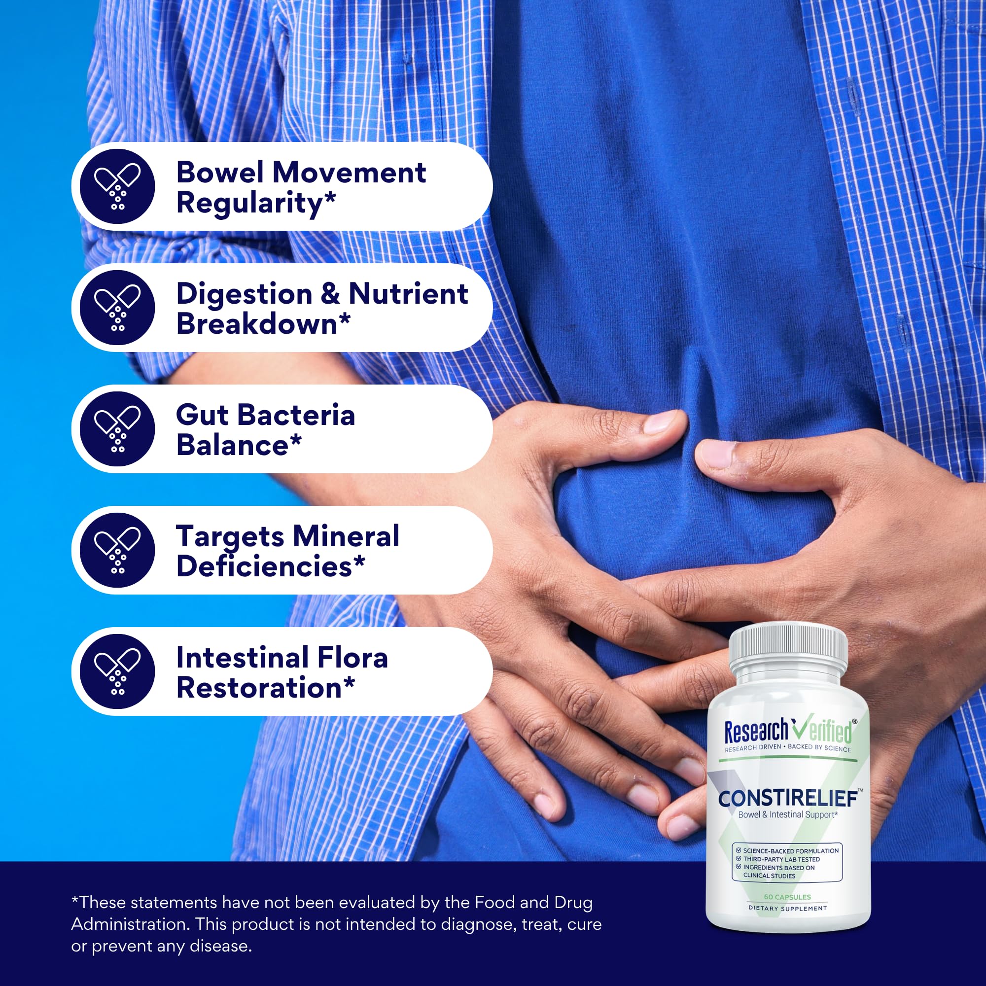 Research Verified ConstiRelief - The best Supplement for Constipation Relief on the market - with L. Acidophilus for long term health and prevention. 100% back guarantee! (Pack of 3) Research Verified uk supplements