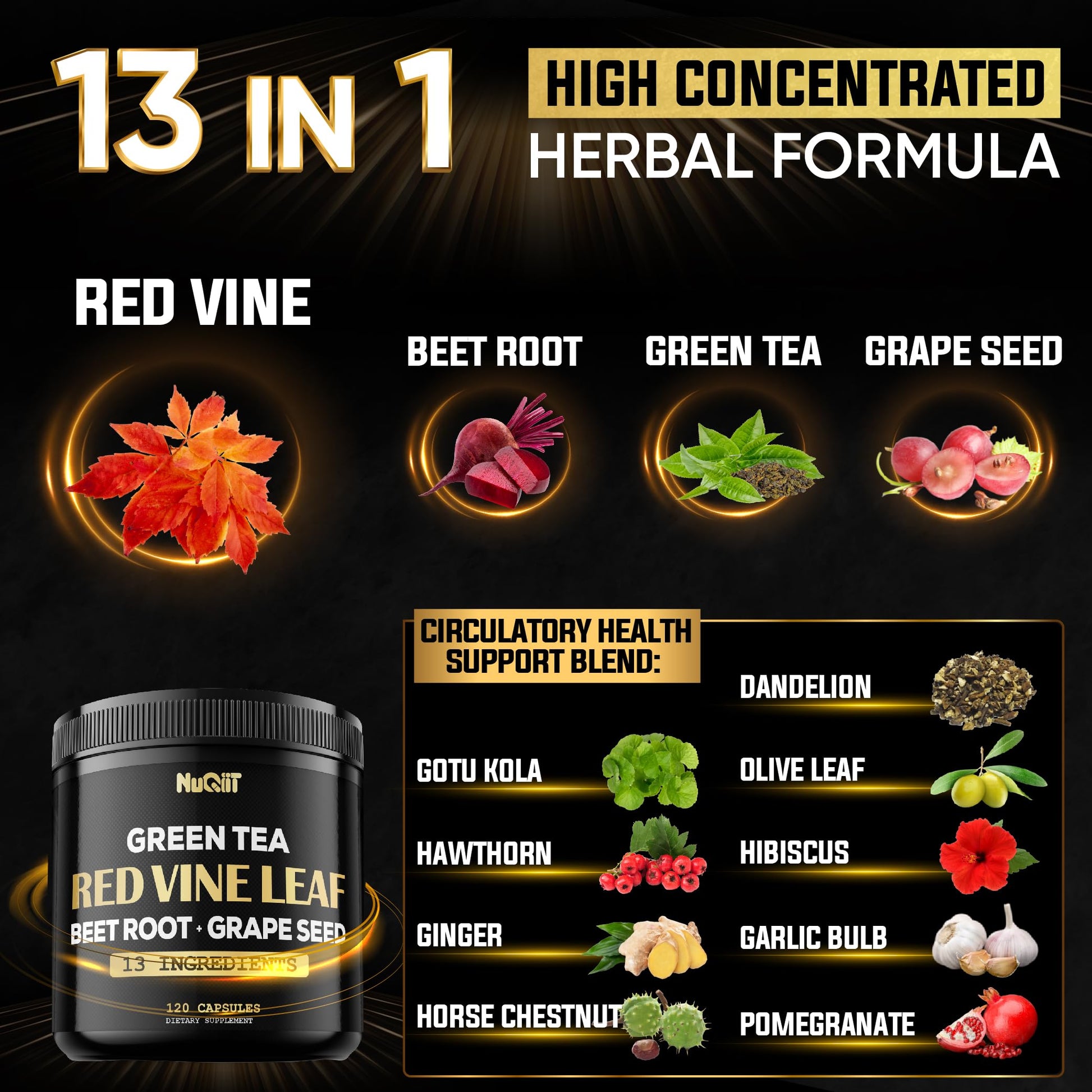 Red Vine Leaf Extract 15000mg Beet Root 3000mg Organic Green Tea 3000mg Supplement & More - Support Heart Health, Strength, Immune System & Body Management - 120 Vegan Capsules for 2-Month Supply NUQIIT uk supplements