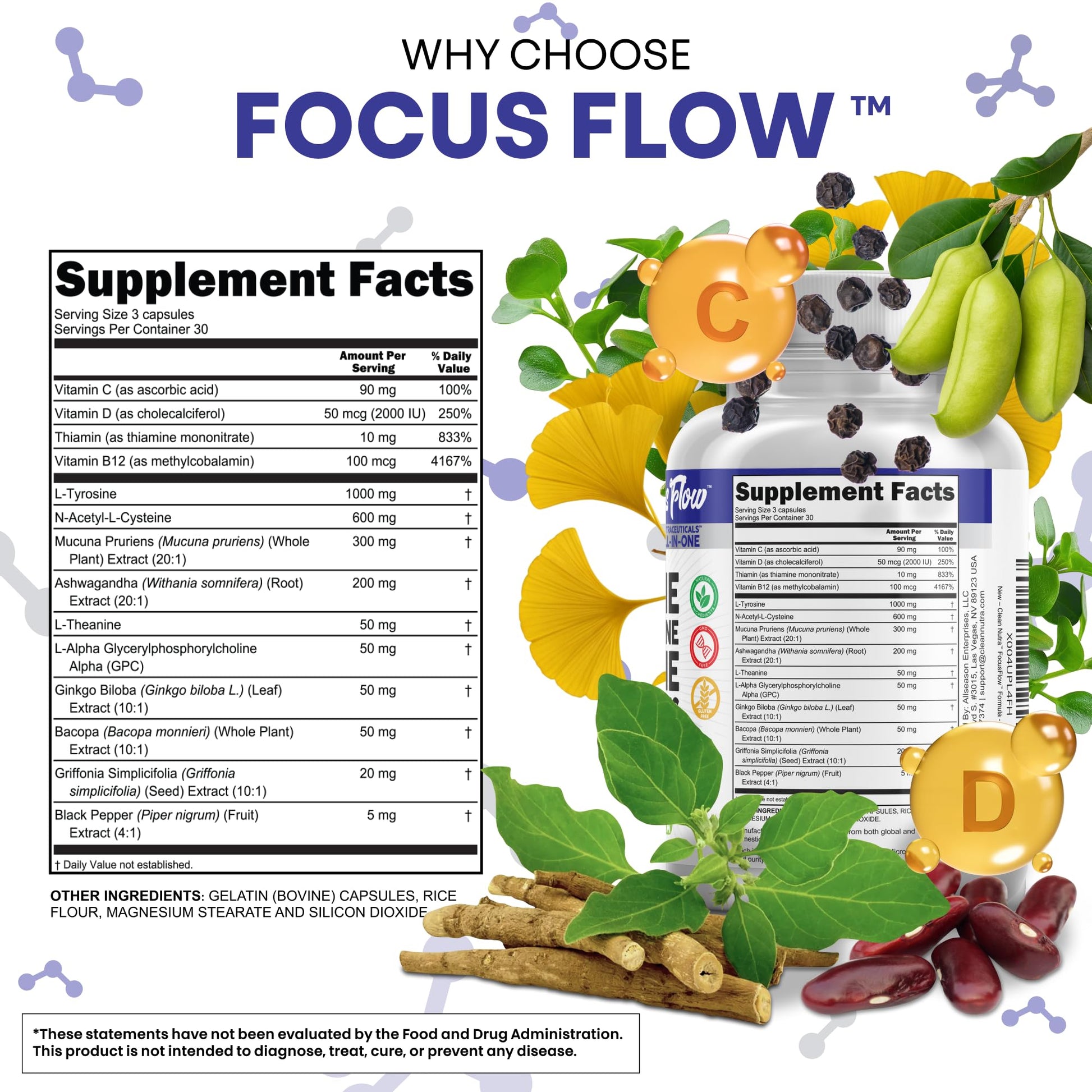 Focus Flow L-Tyrosine Vitamin B C D L-Theanine Ashwagandha Ginkgo Biloba Vitamin B12 Thiamine Black Pepper N-Acetylcysteine Mucuna Pruriens 90 Count Capsules by Clean Nutra Clean Nutraceuticals uk supplements