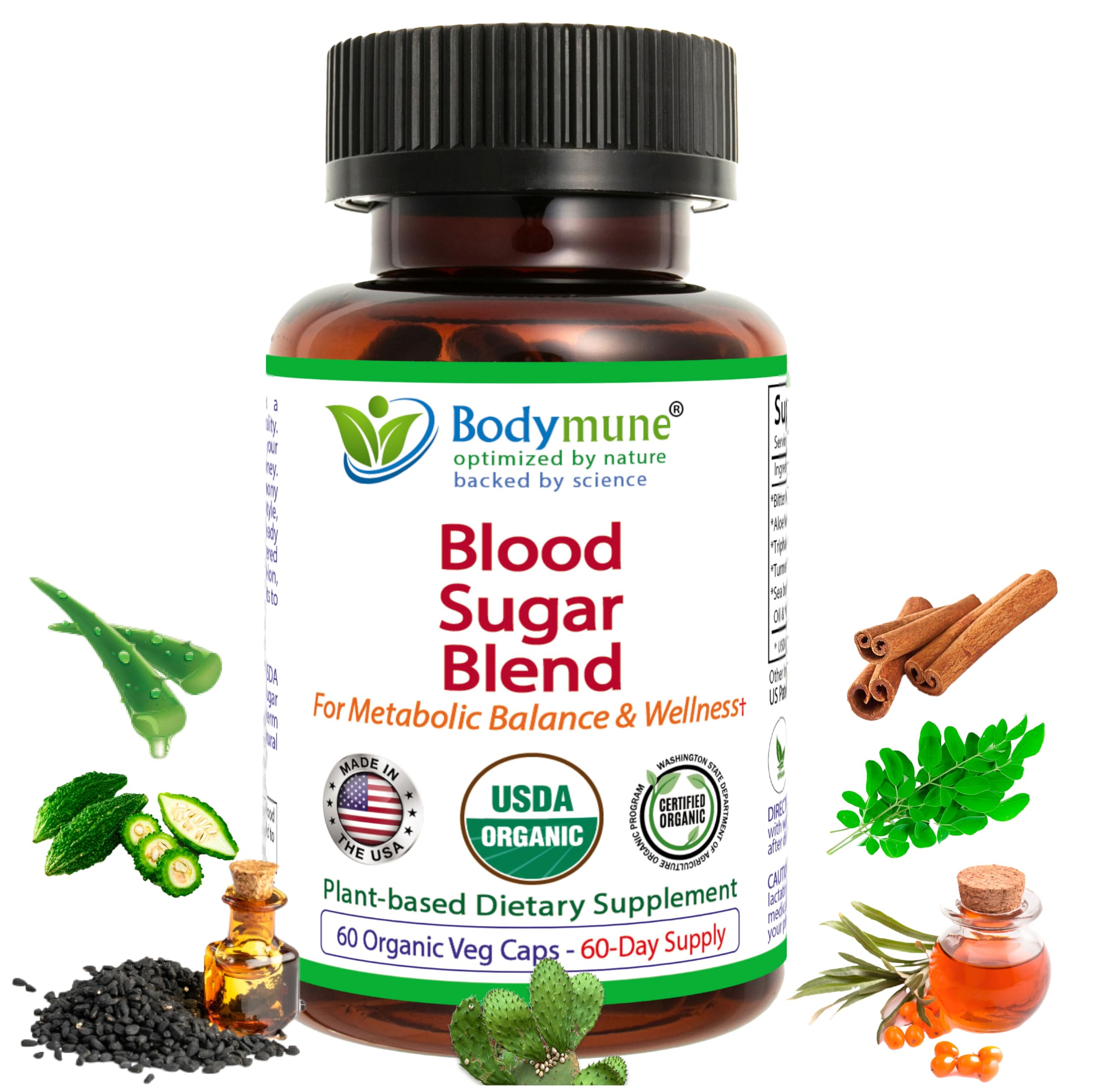 Bodymune USDA Organic Blood Sugar Blend | Supports Healthy Metabolism* | with Bitter Melon, Moringa, Aloe Vera, Nopal, Papaya Extracts & More | 60-Day Supply | Vegan & Non-GMO | USA-Made Bodymune uk supplements