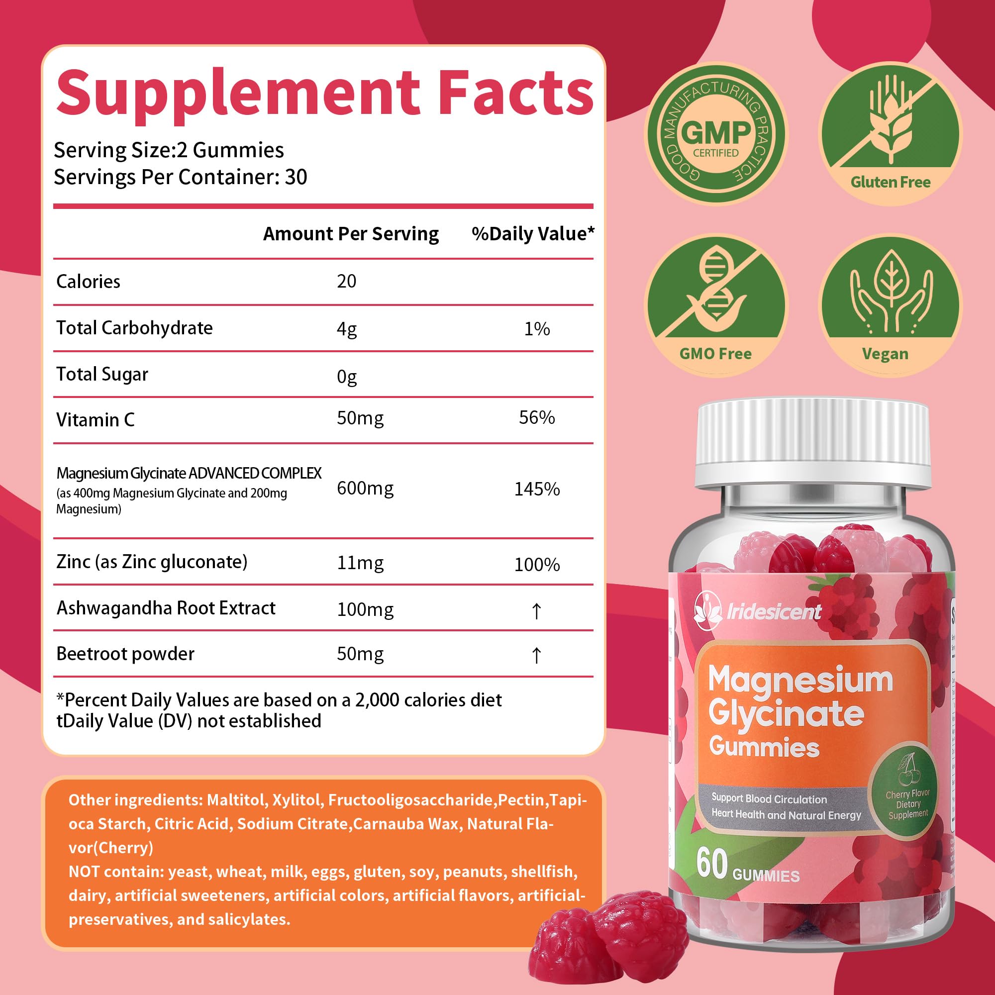 IRIDESICENT Magnesium Glycinate Gummies 400mg, Sugar Free Magnesium Supplement w/Ashwagandha, Zinc, Vegan Magnesium Glycinate Supplement for Adults - 120 Cherry Gummies IRIDESICENT uk supplements