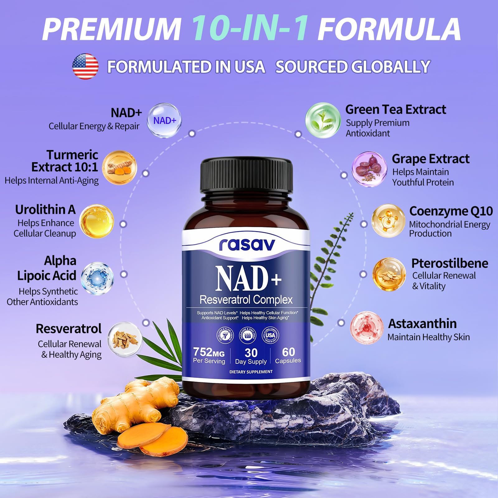 Rasav NAD Supplement 10-in-1 Extra Strength – NAD Resveratrol with CoQ10, Urolithin A, Green Tea Extract & ALA – NMN Supplement Alternative for Women & Men Rasav uk supplements